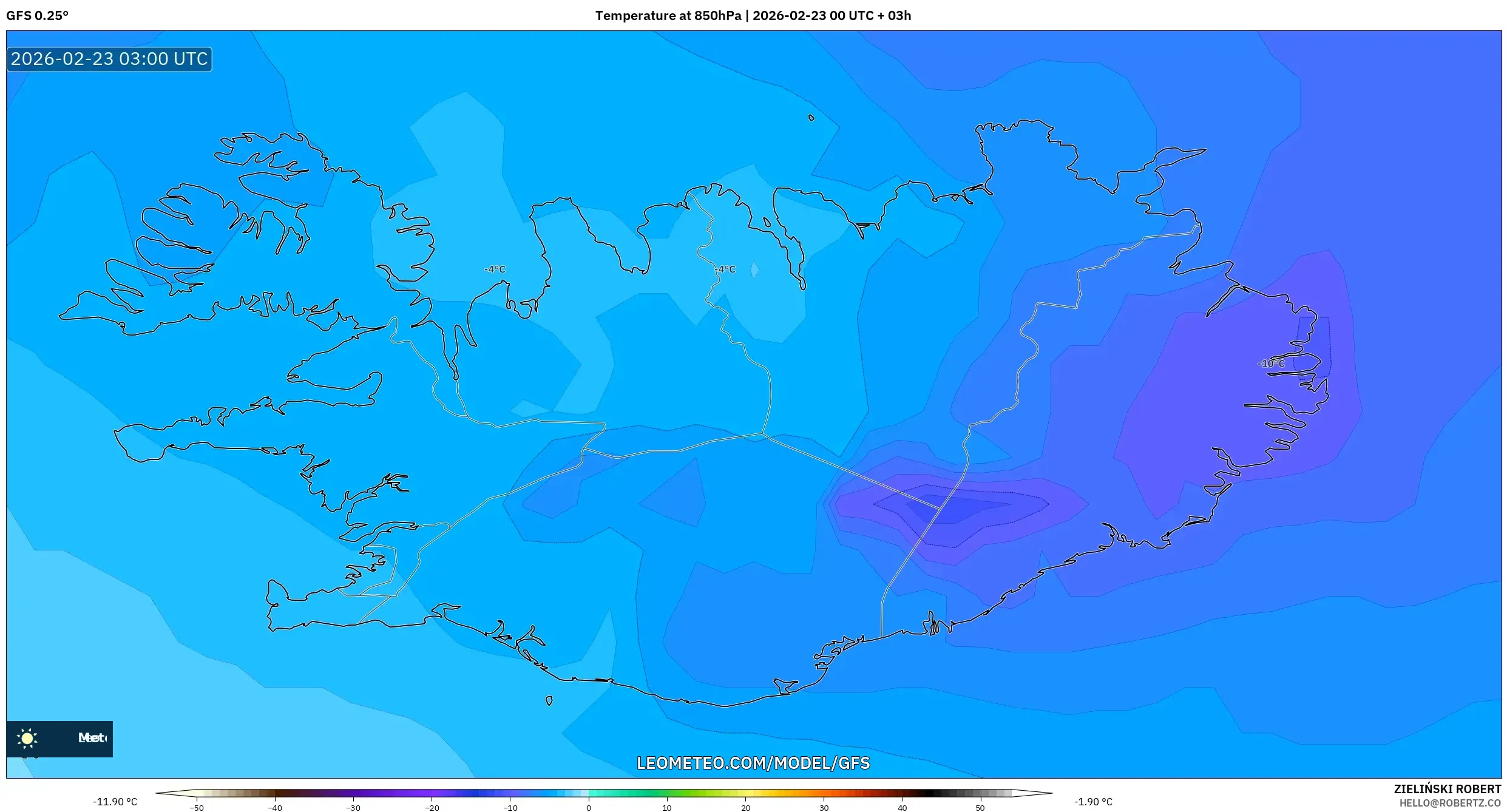 GFS model - آيسلندا, درجة الحرارة 850 hPa