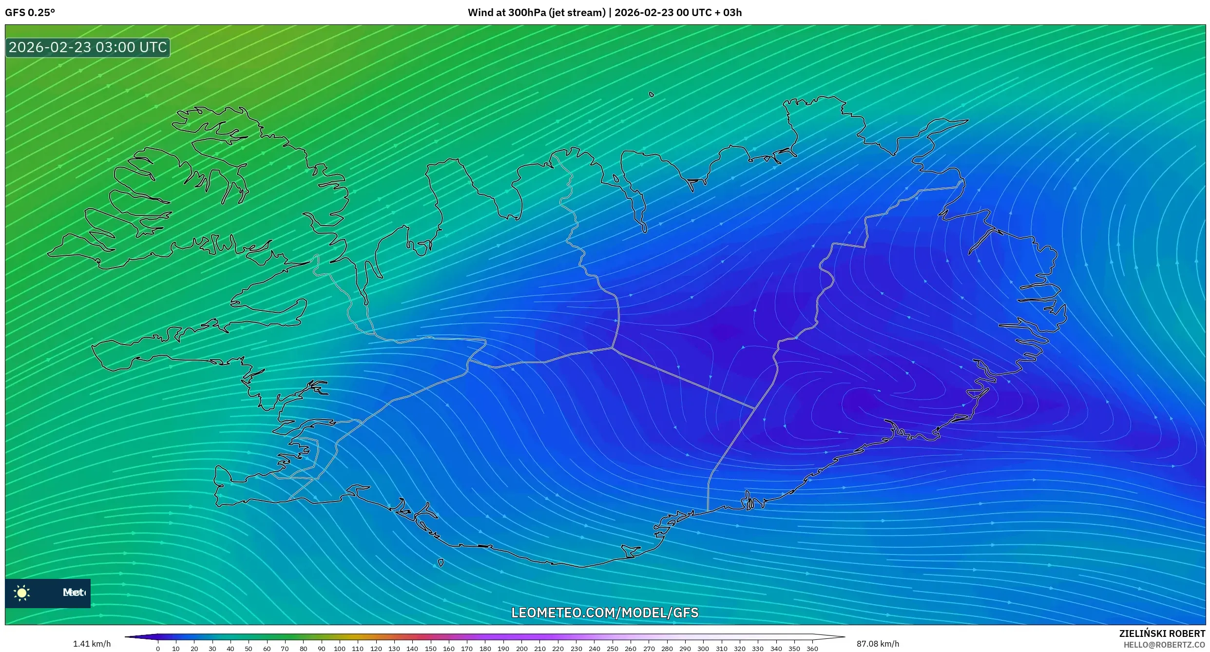 GFS model - آيسلندا, رياح 300 hPa (تيار نفاث)