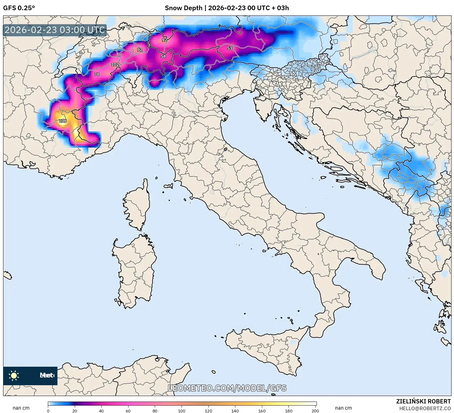 GFS model - إيطاليا, عمق الثلج