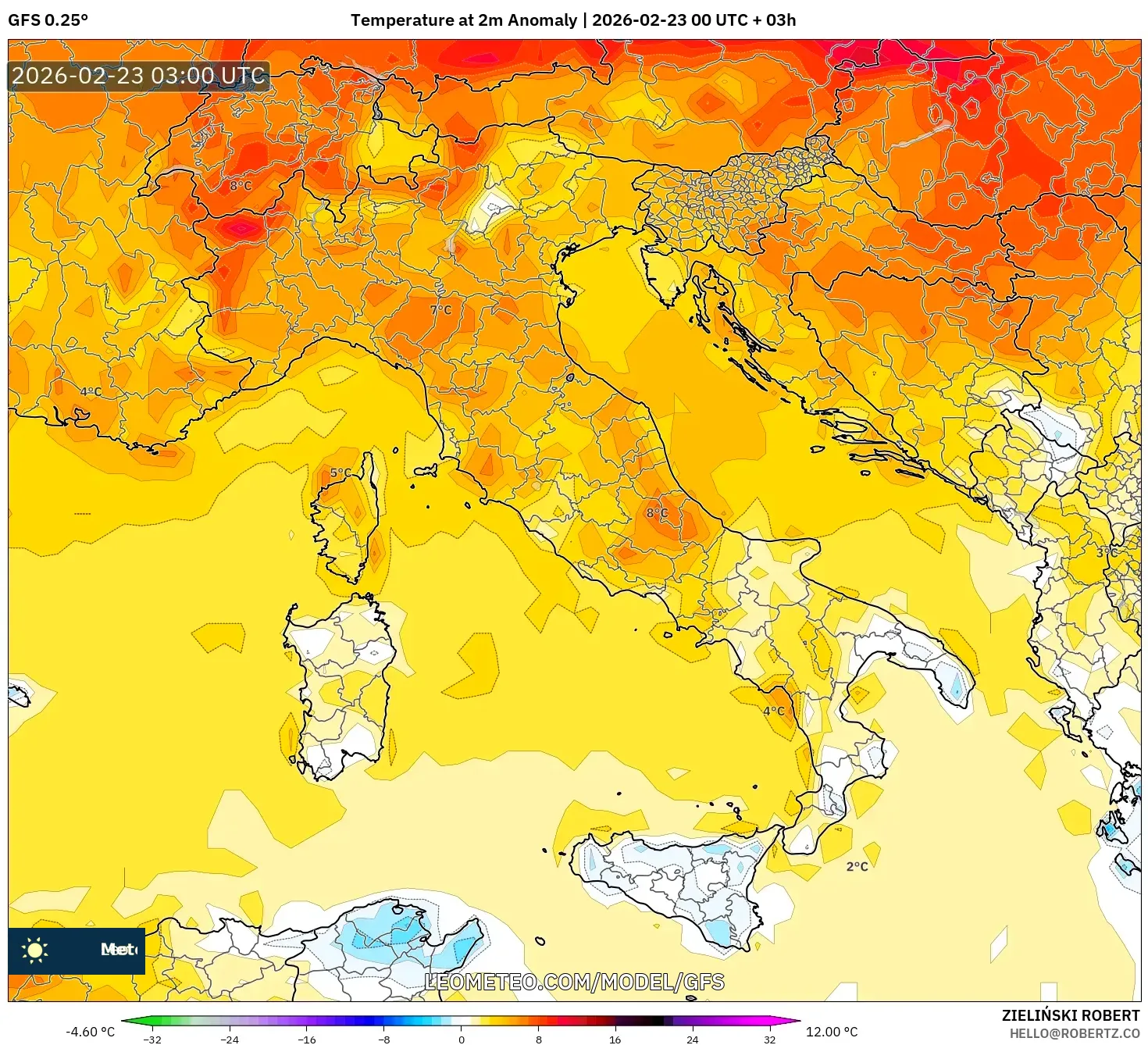GFS model - إيطاليا, انحراف درجة الحرارة 2 م