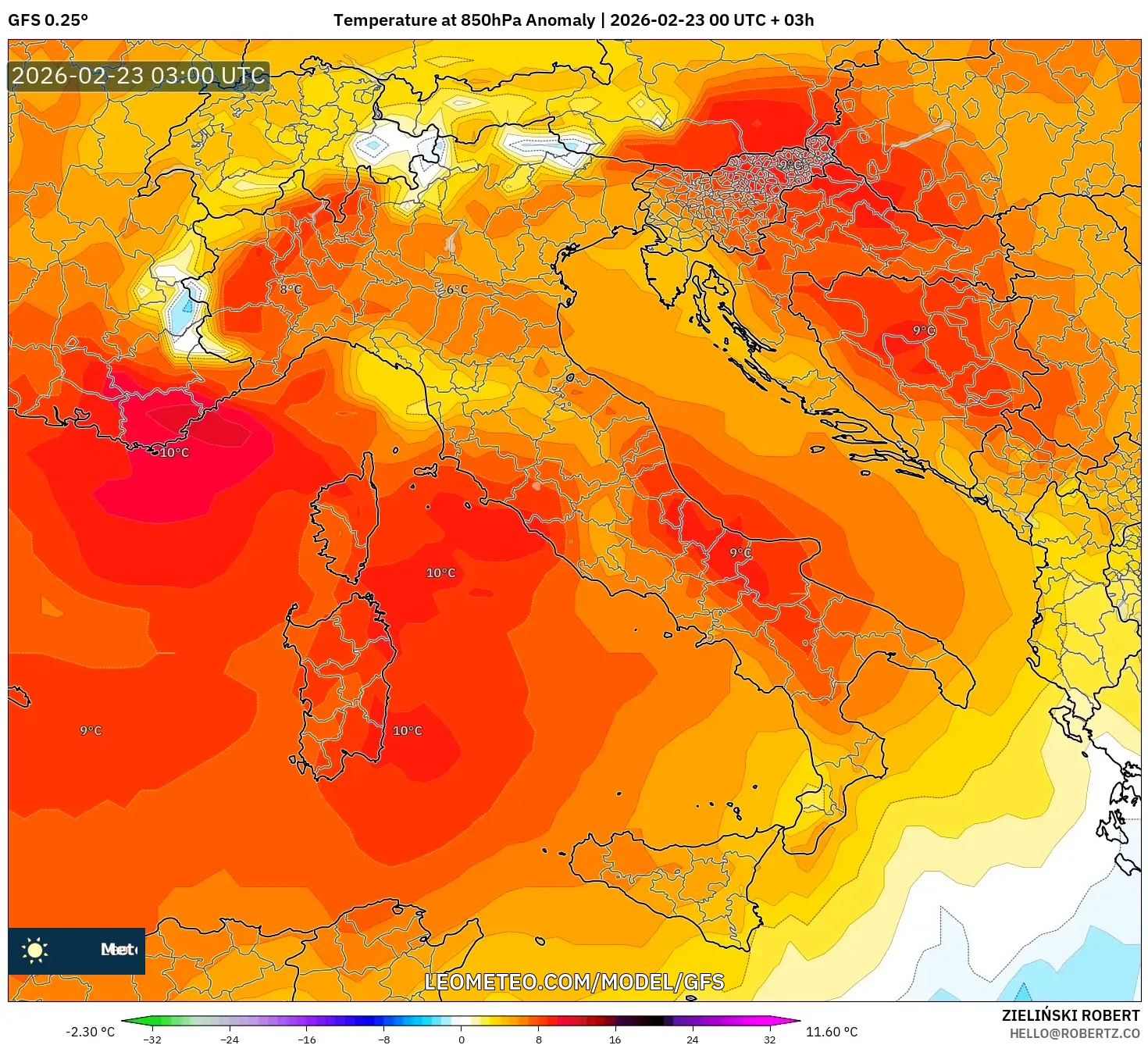 GFS model - إيطاليا, انحراف درجة الحرارة 850 hPa