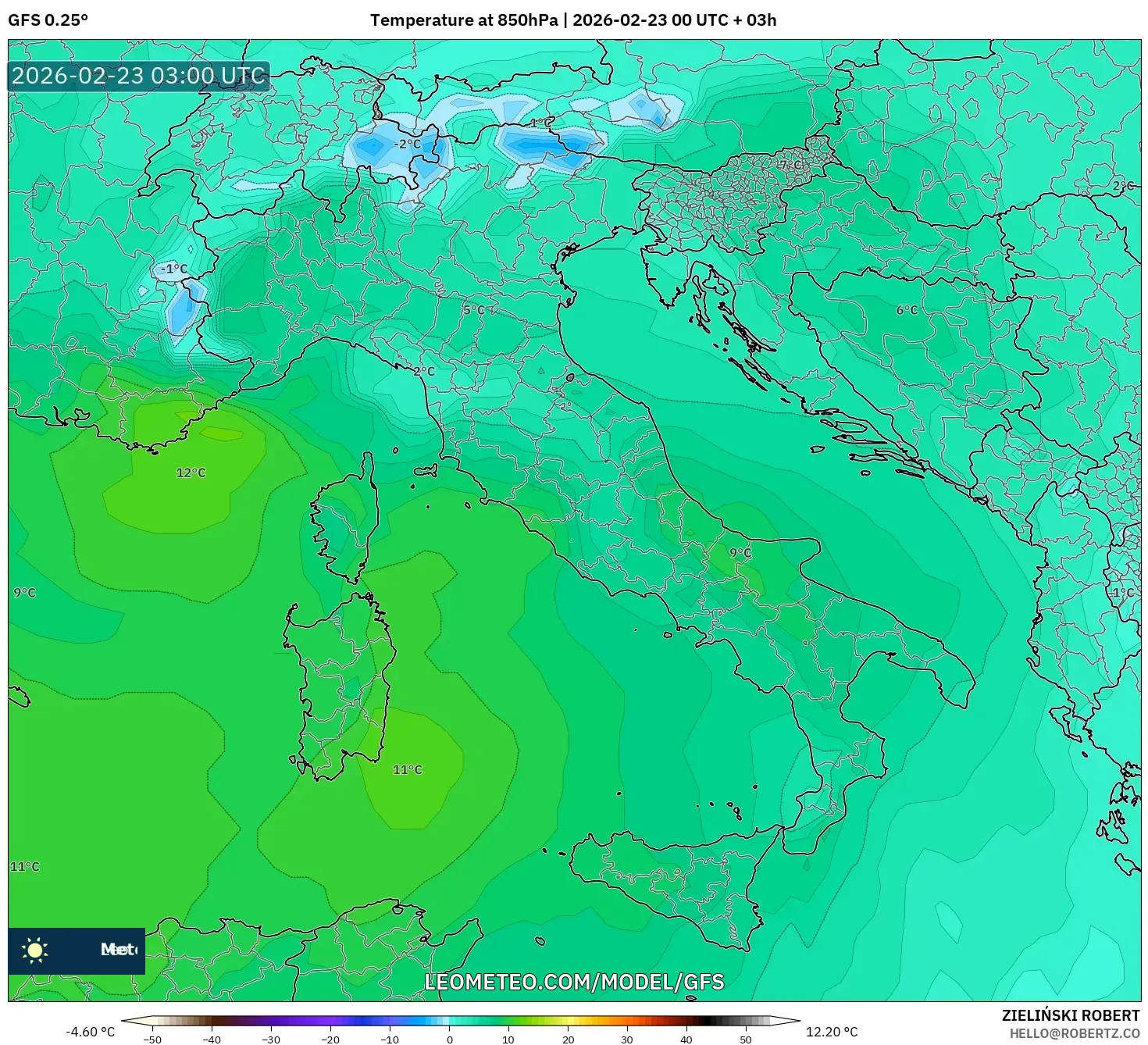 GFS model - إيطاليا, درجة الحرارة 850 hPa