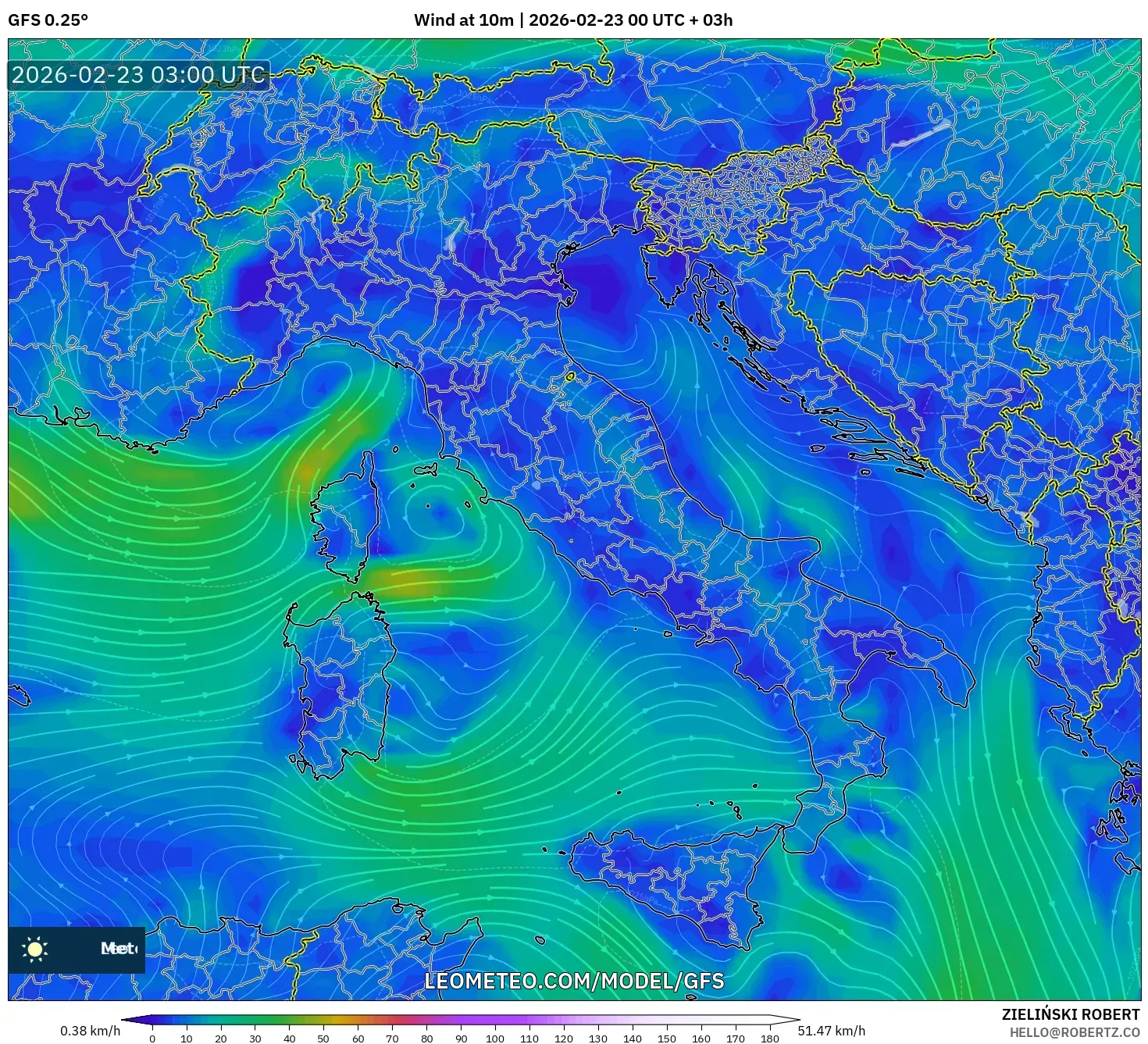 GFS model - إيطاليا, رياح 10 م