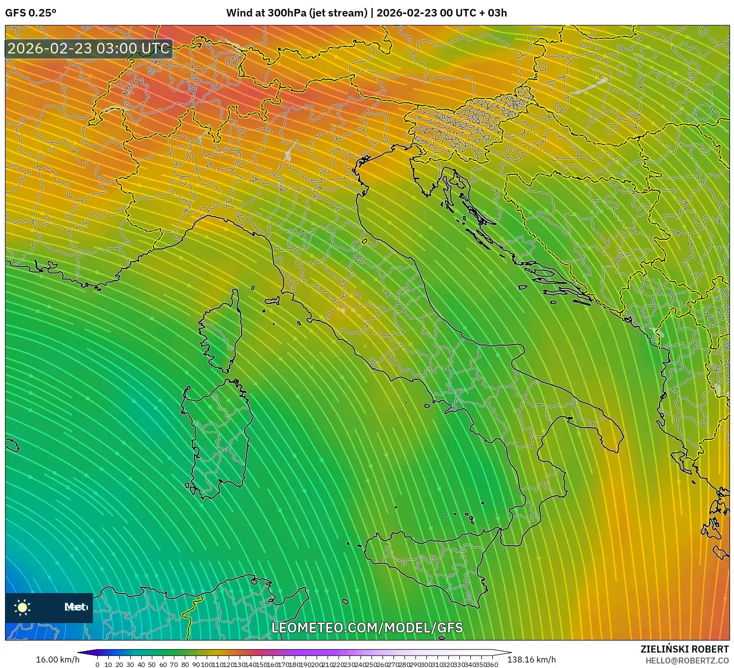 GFS model - إيطاليا, رياح 300 hPa (تيار نفاث)