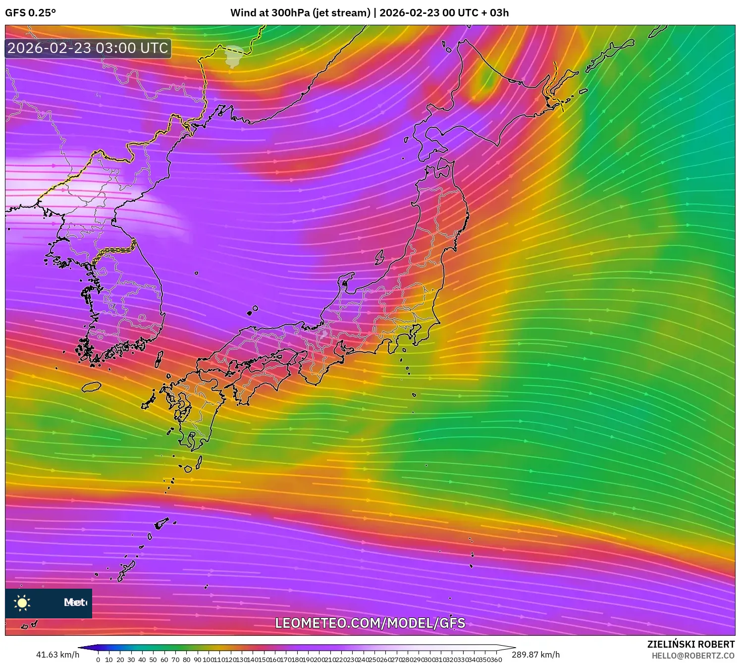 GFS model - اليابان, رياح 300 hPa (تيار نفاث)