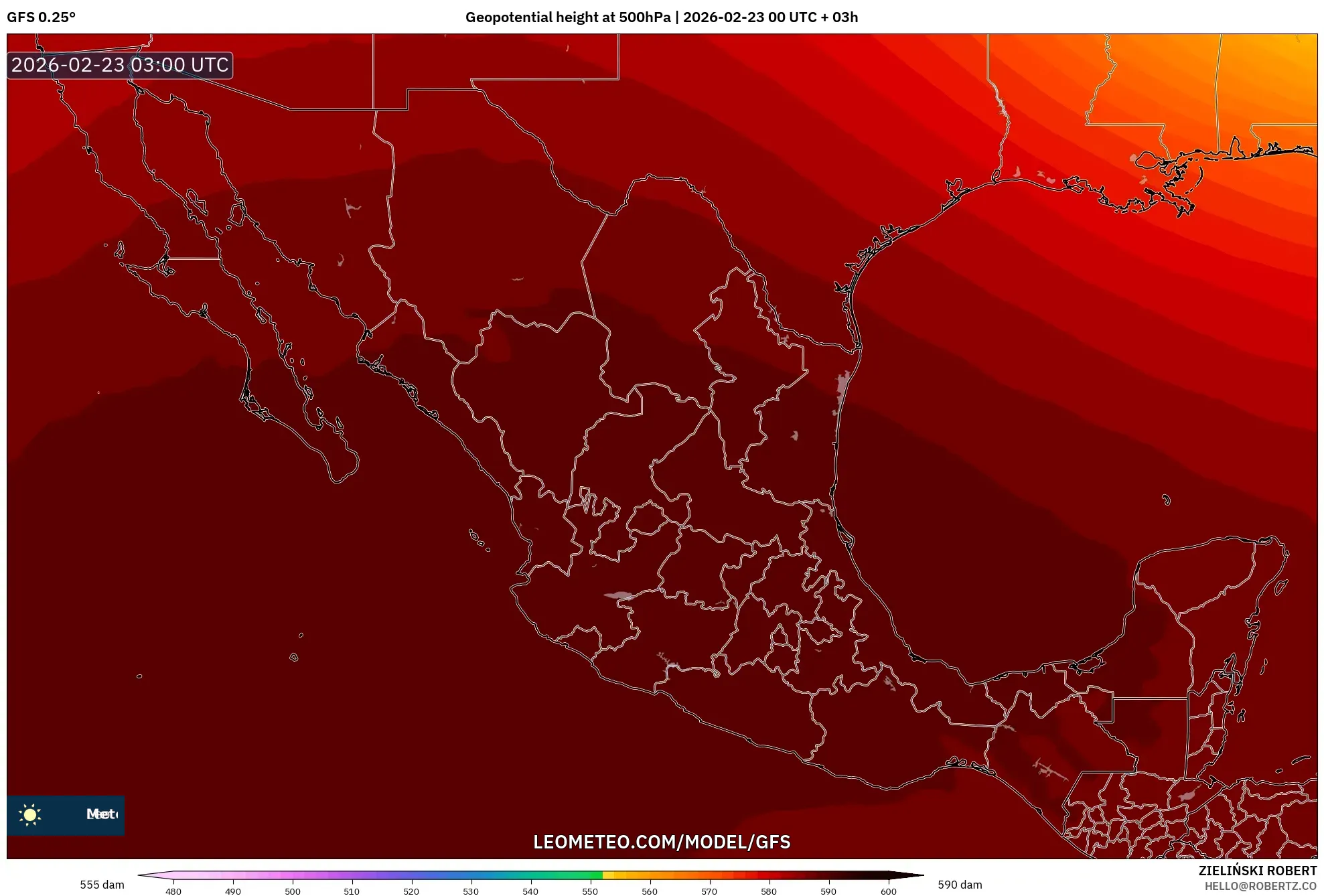 GFS model - المكسيك, الارتفاع الجهدي عند 500 هكتوباسكال