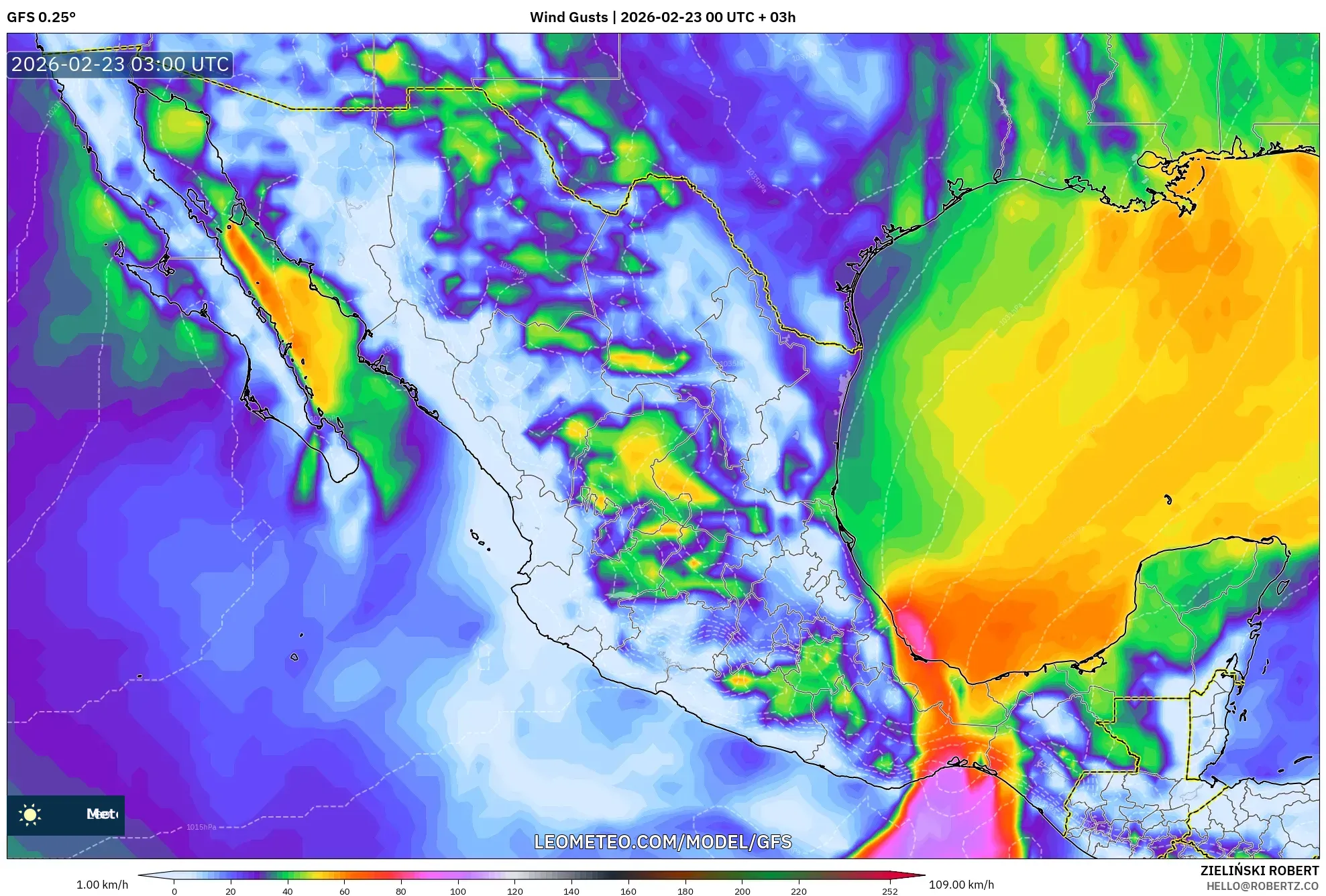 GFS model - المكسيك, هبات الرياح