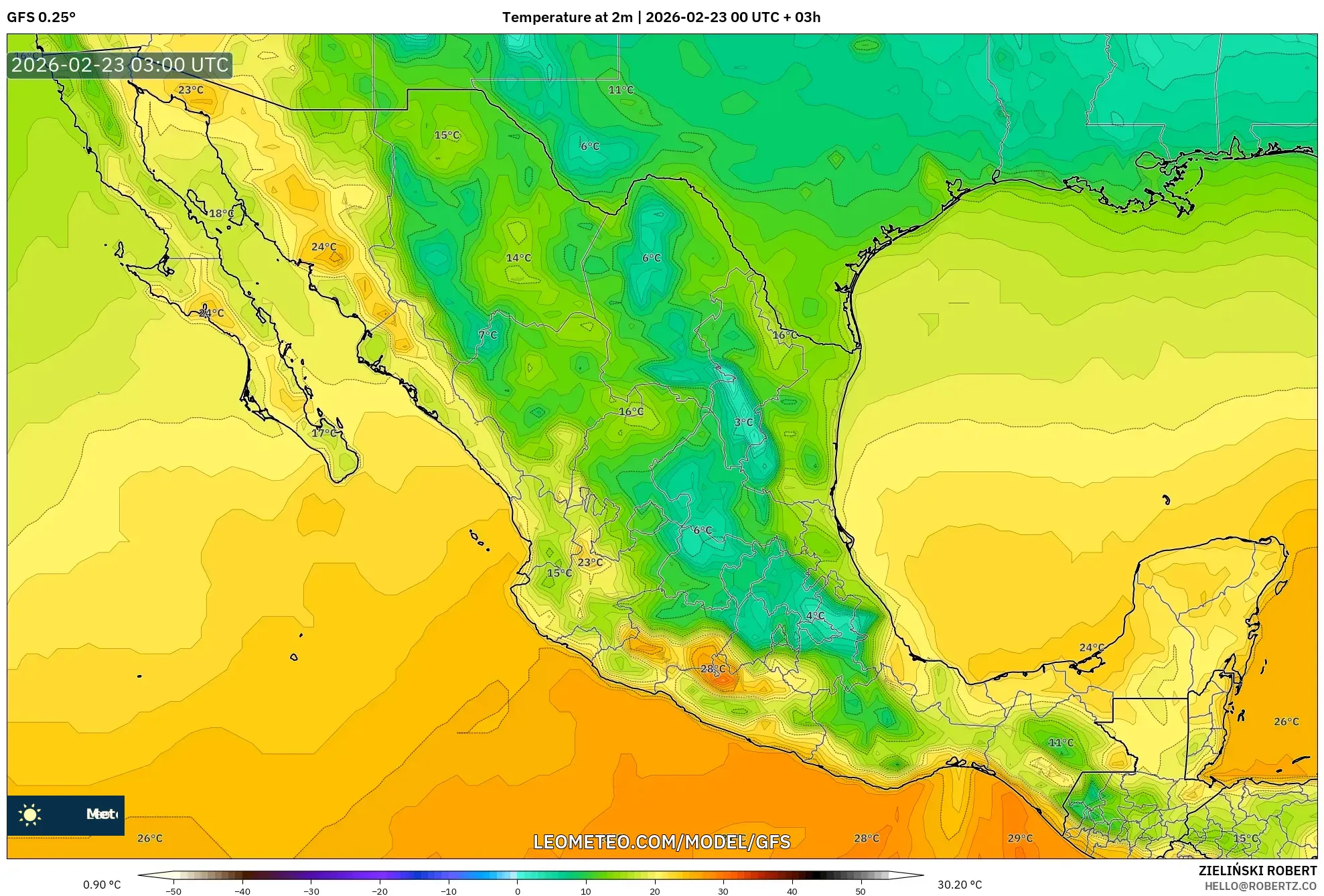 GFS model - المكسيك, درجة الحرارة على ارتفاع 2 م