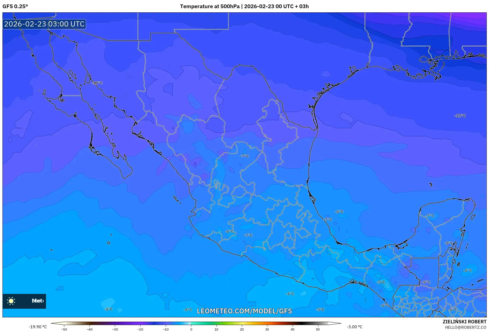 GFS model - المكسيك, درجة الحرارة 500 hPa