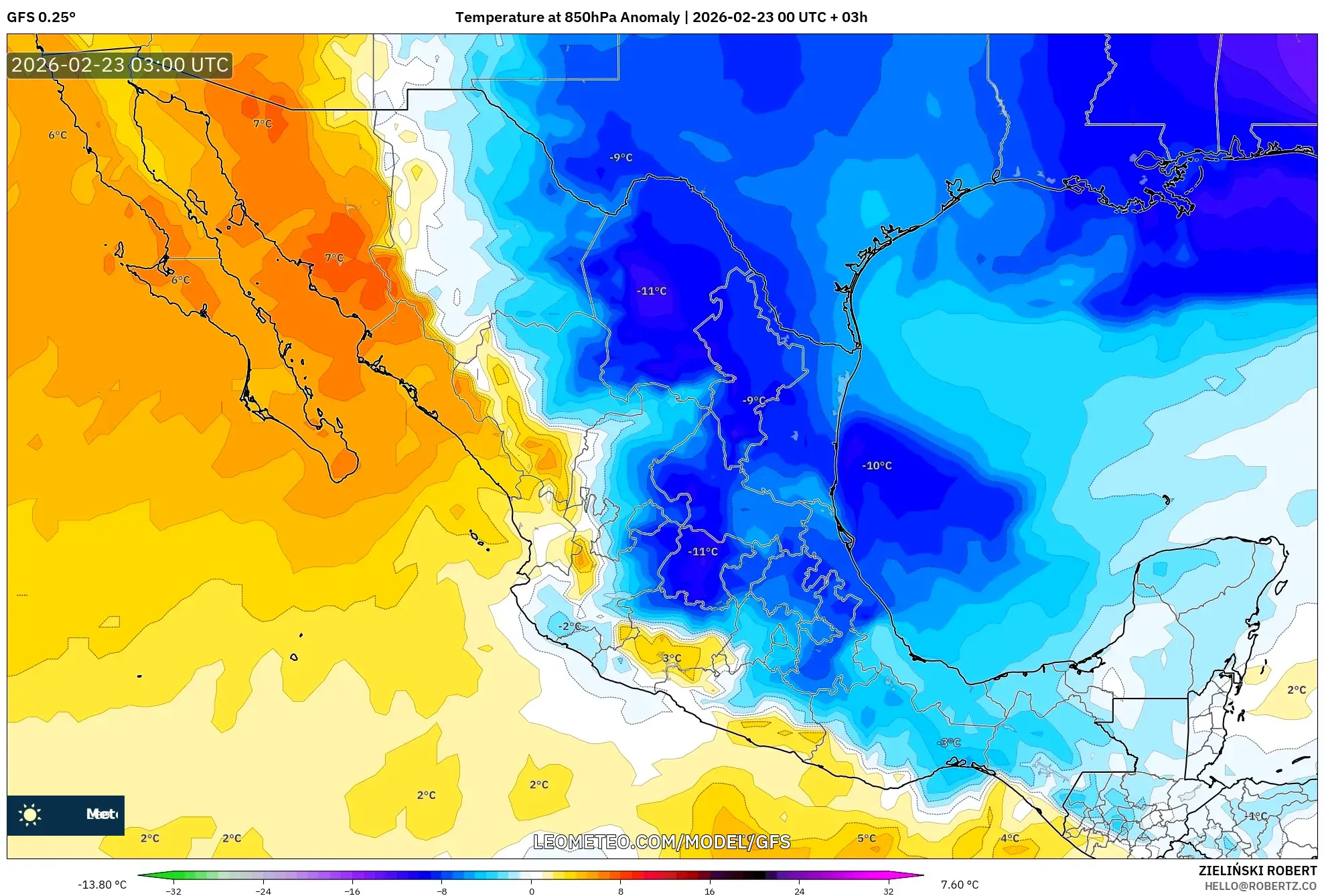 GFS model - المكسيك, انحراف درجة الحرارة 850 hPa