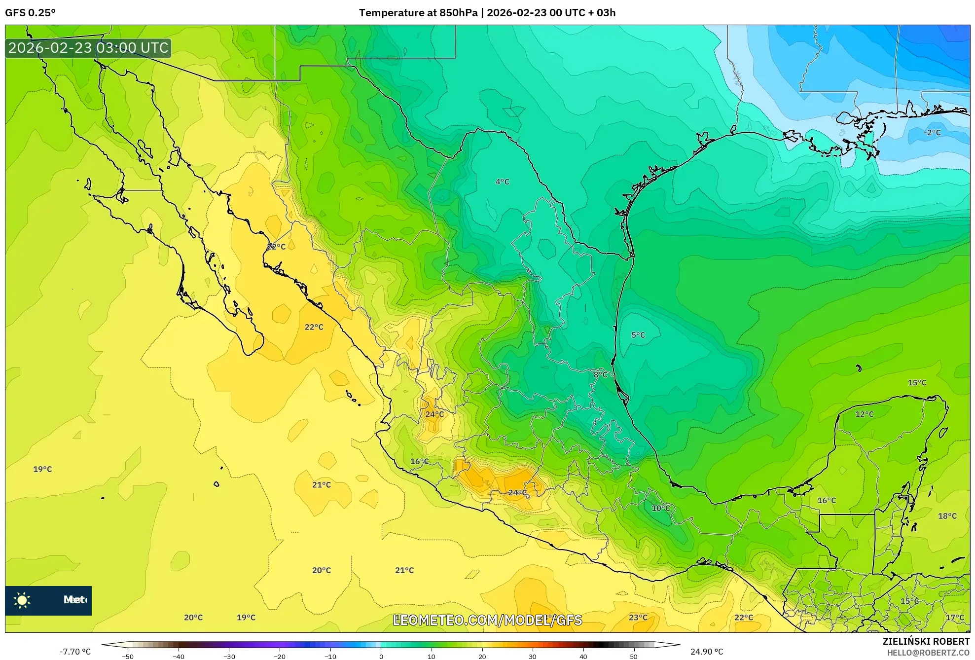 GFS model - المكسيك, درجة الحرارة 850 hPa