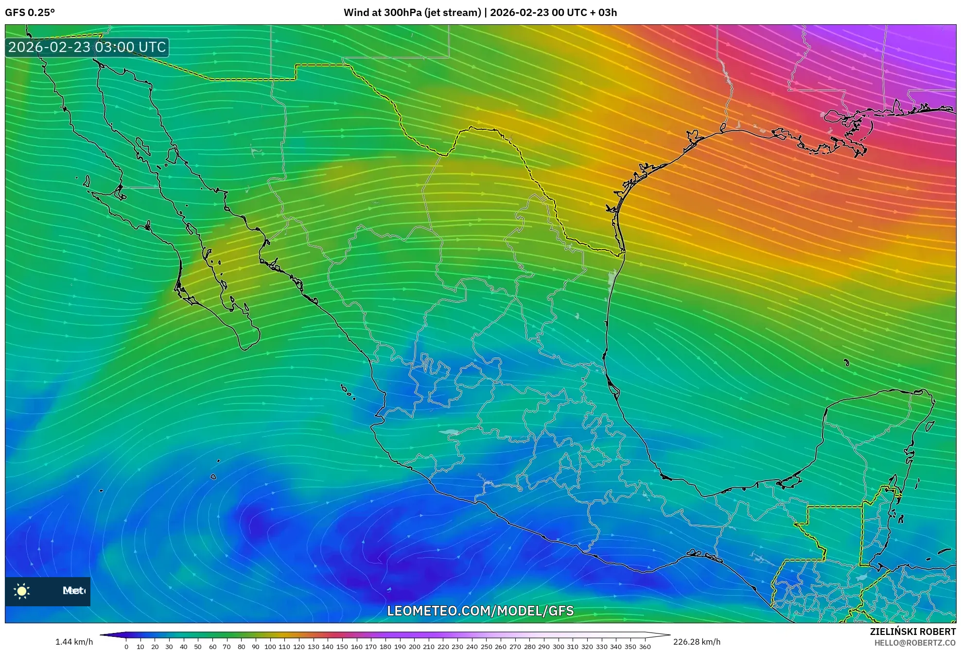 GFS model - المكسيك, رياح 300 hPa (تيار نفاث)