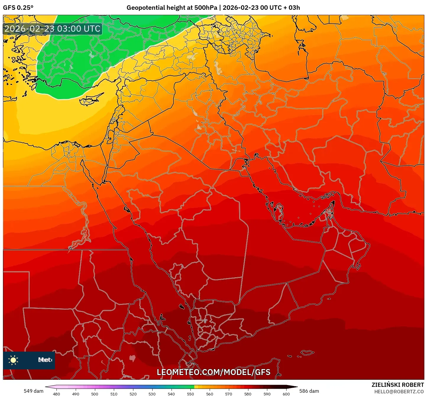 GFS model - الشرق الأوسط, الارتفاع الجهدي عند 500 هكتوباسكال