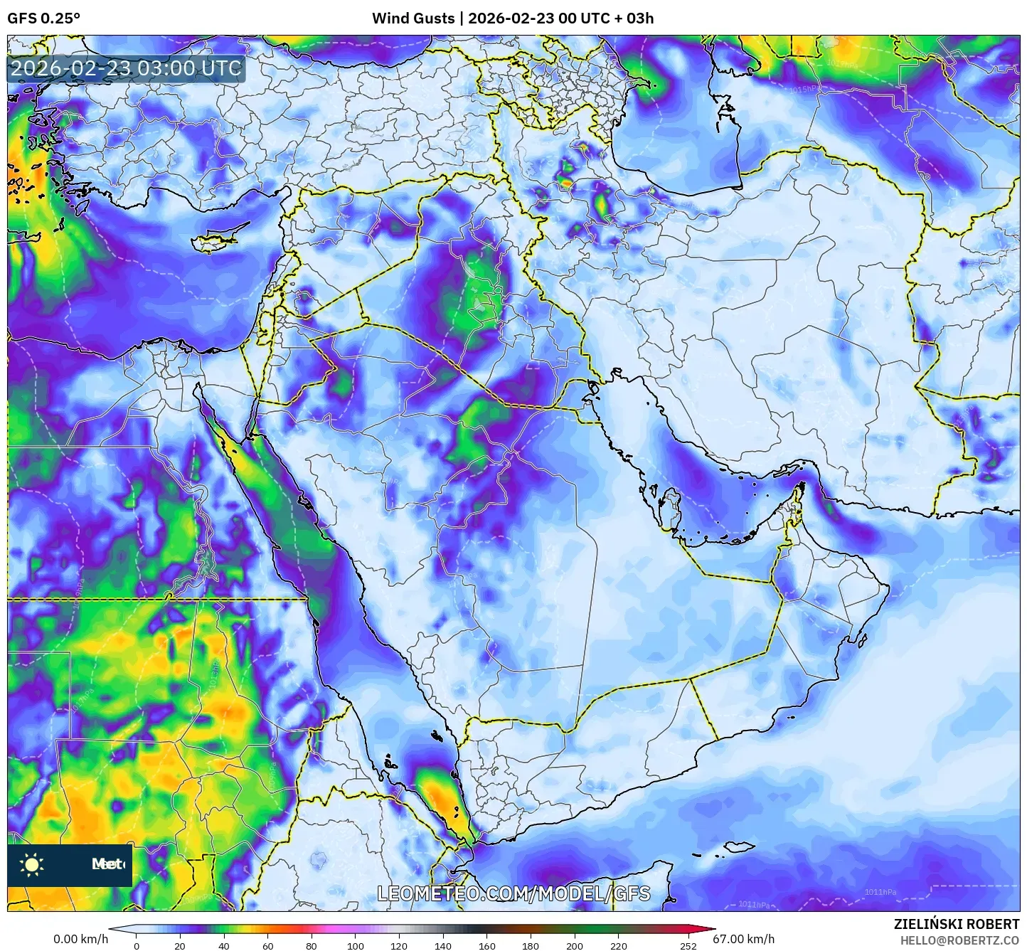 GFS model - الشرق الأوسط, هبات الرياح