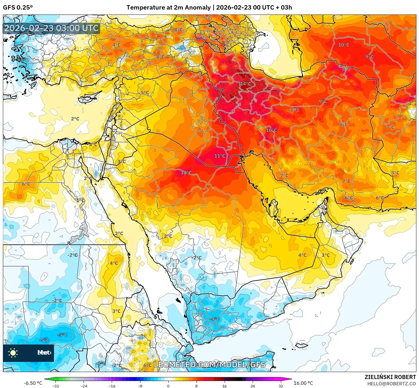 GFS model - الشرق الأوسط, انحراف درجة الحرارة 2 م