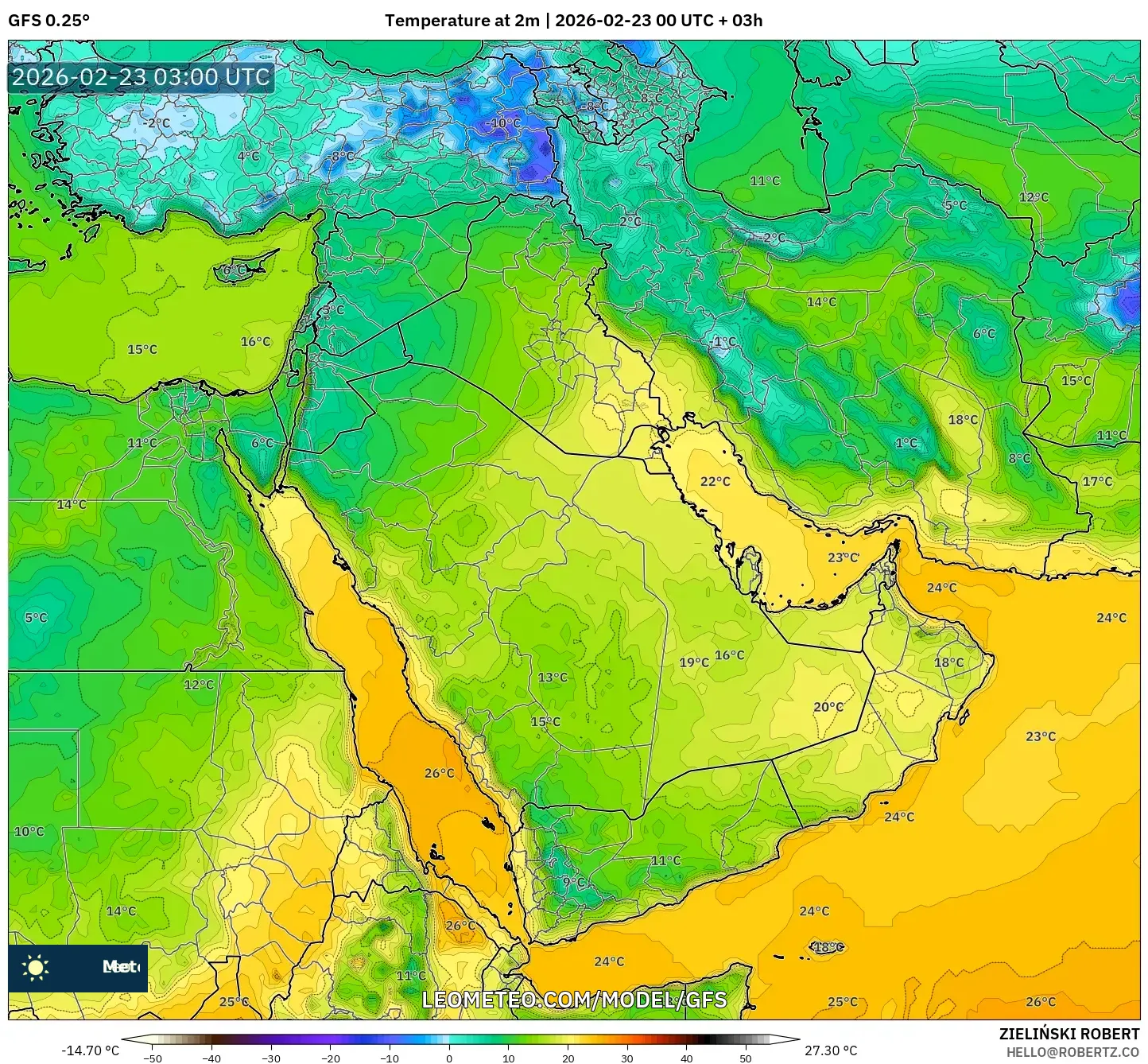 GFS model - الشرق الأوسط, درجة الحرارة على ارتفاع 2 م