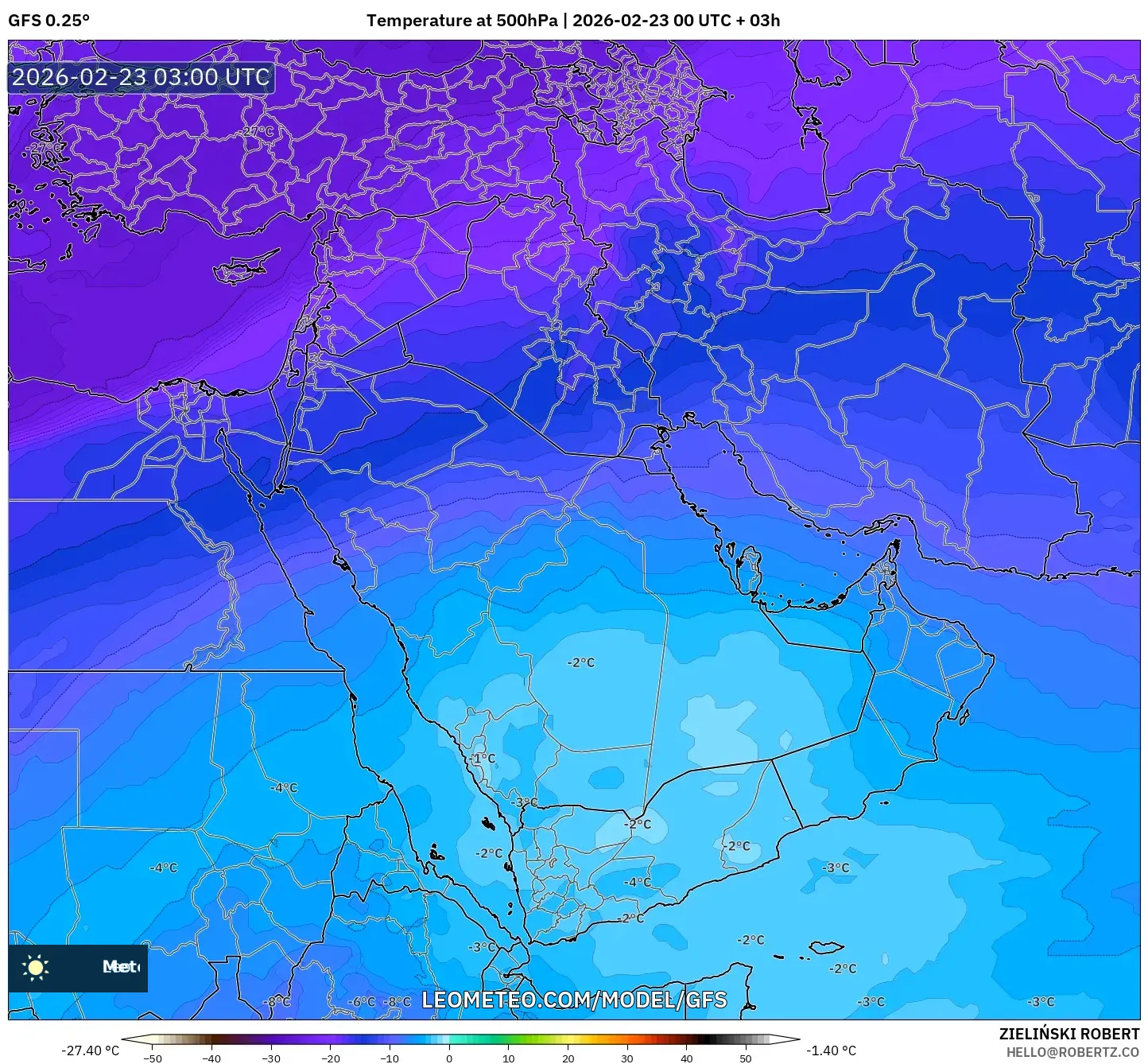 GFS model - الشرق الأوسط, درجة الحرارة 500 hPa