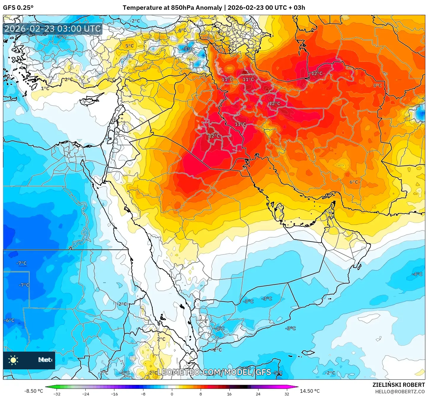 GFS model - الشرق الأوسط, انحراف درجة الحرارة 850 hPa