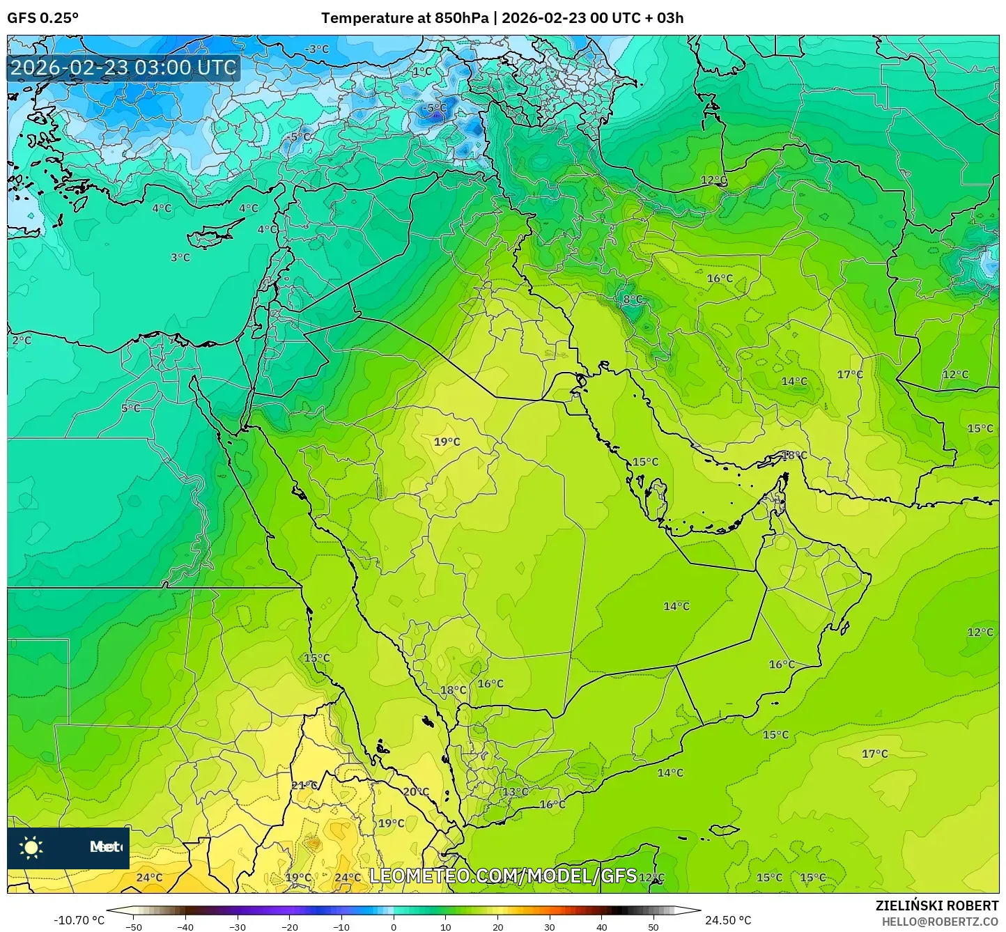 GFS model - الشرق الأوسط, درجة الحرارة 850 hPa