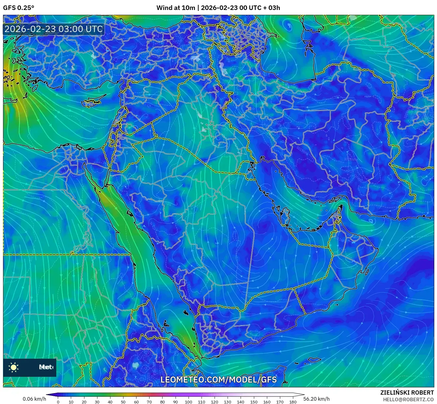 GFS model - الشرق الأوسط, رياح 10 م