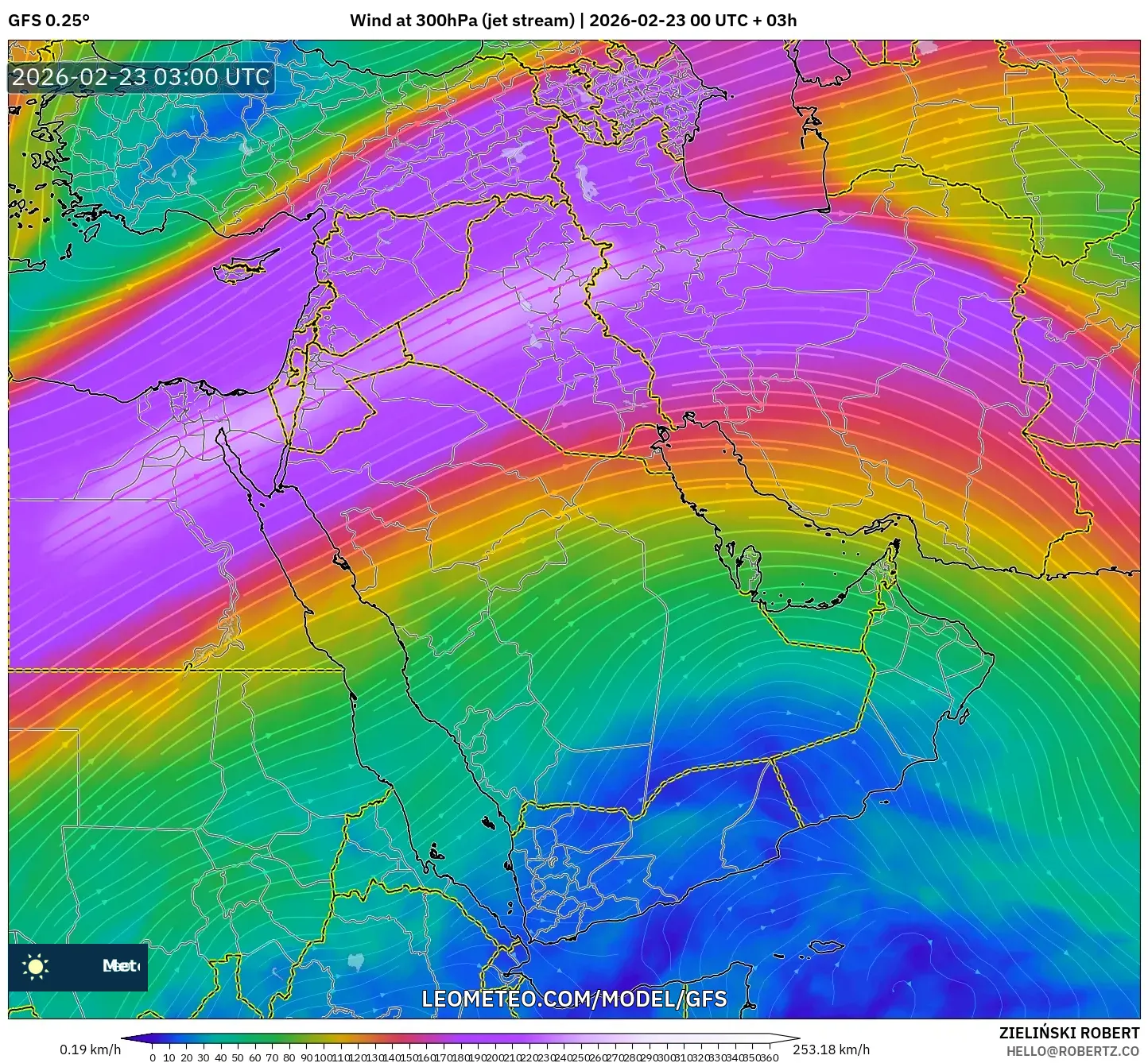 GFS model - الشرق الأوسط, رياح 300 hPa (تيار نفاث)