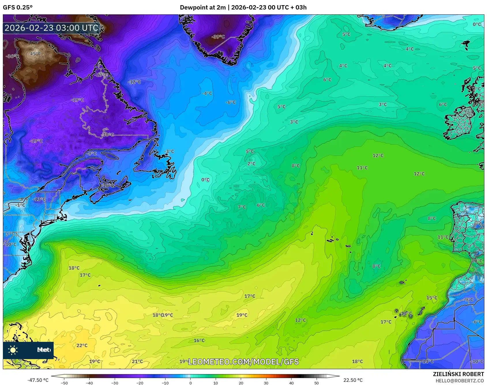 GFS model - شمال الأطلسي, نقطة الندى 2 م