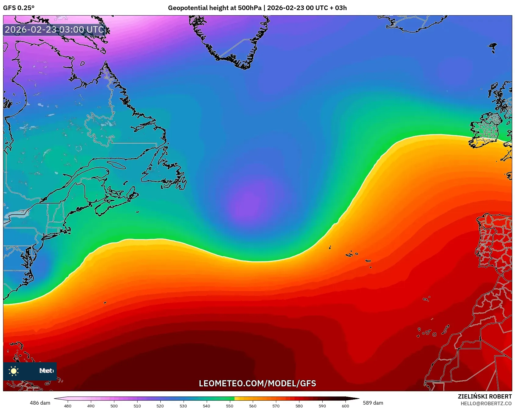GFS model - شمال الأطلسي, الارتفاع الجهدي عند 500 هكتوباسكال