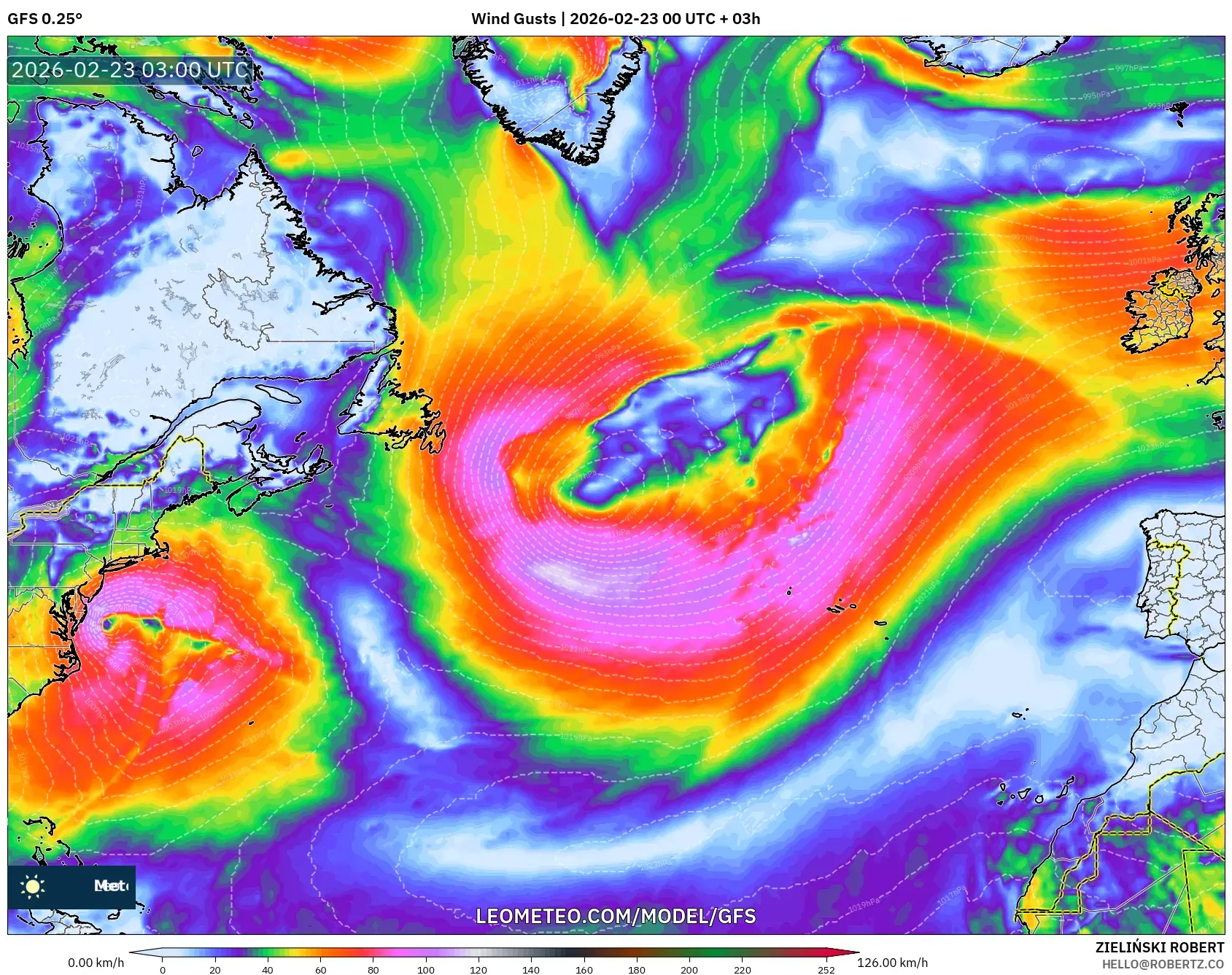 GFS model - شمال الأطلسي, هبات الرياح