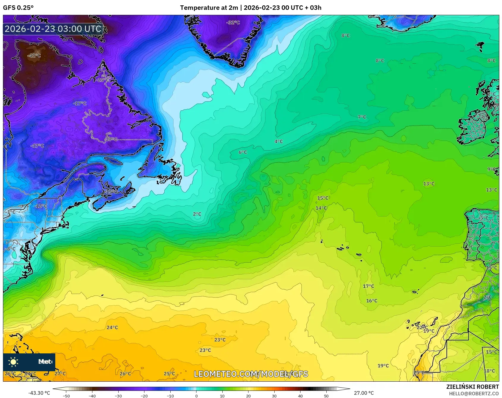 GFS model - شمال الأطلسي, درجة الحرارة على ارتفاع 2 م