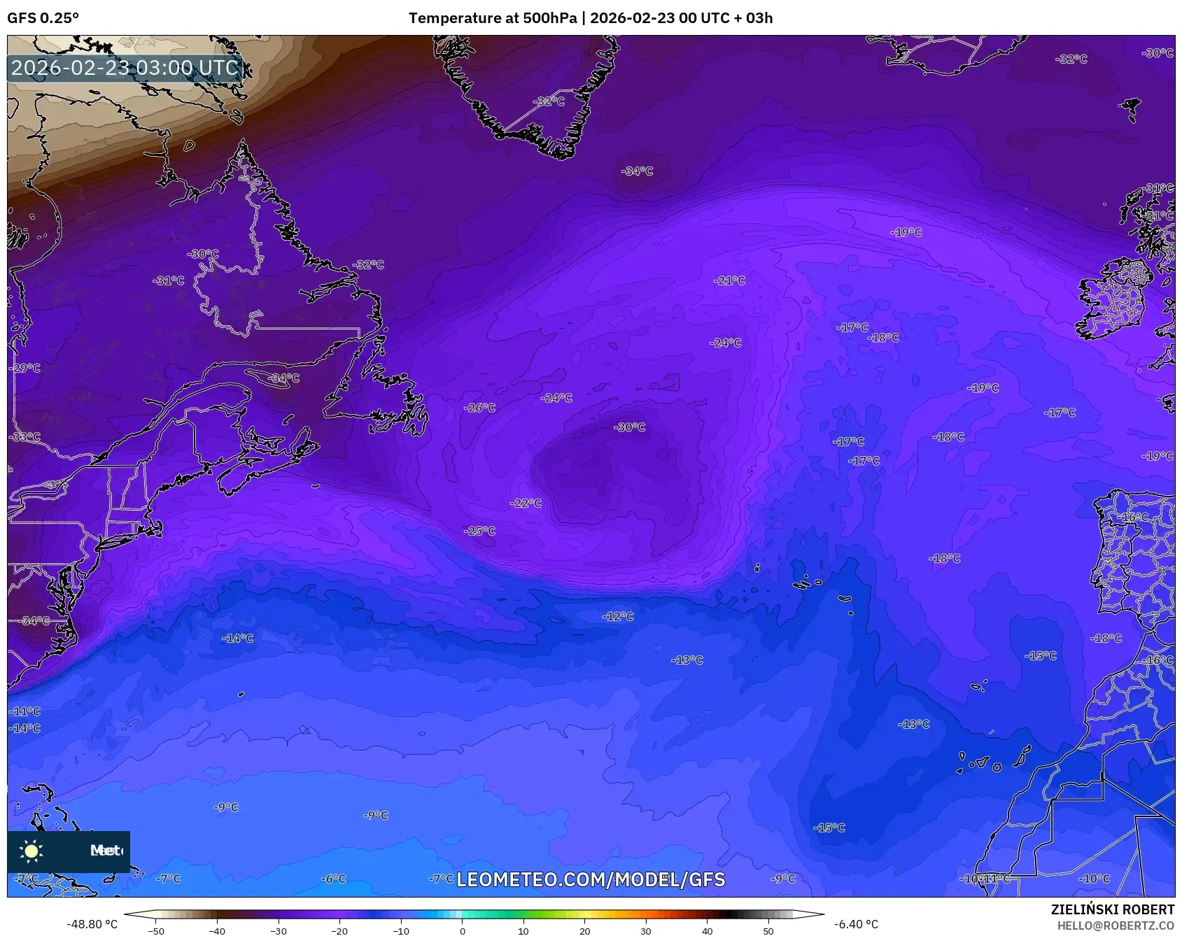 GFS model - شمال الأطلسي, درجة الحرارة 500 hPa