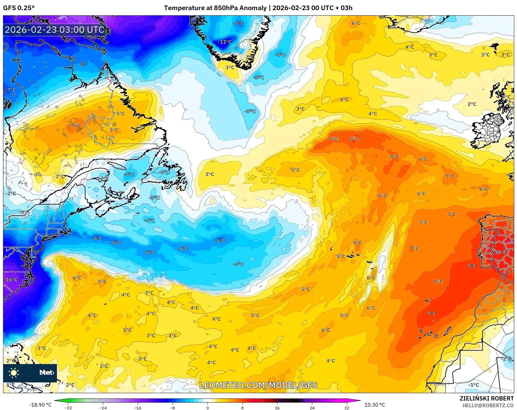 GFS model - شمال الأطلسي, انحراف درجة الحرارة 850 hPa