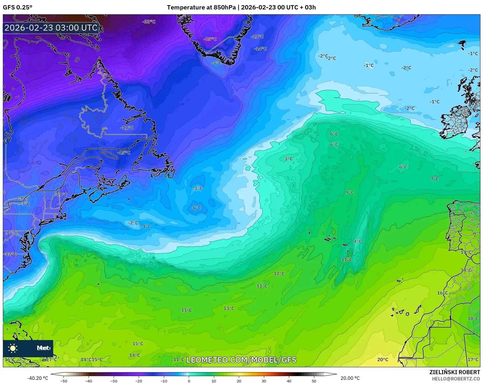 GFS model - شمال الأطلسي, درجة الحرارة 850 hPa