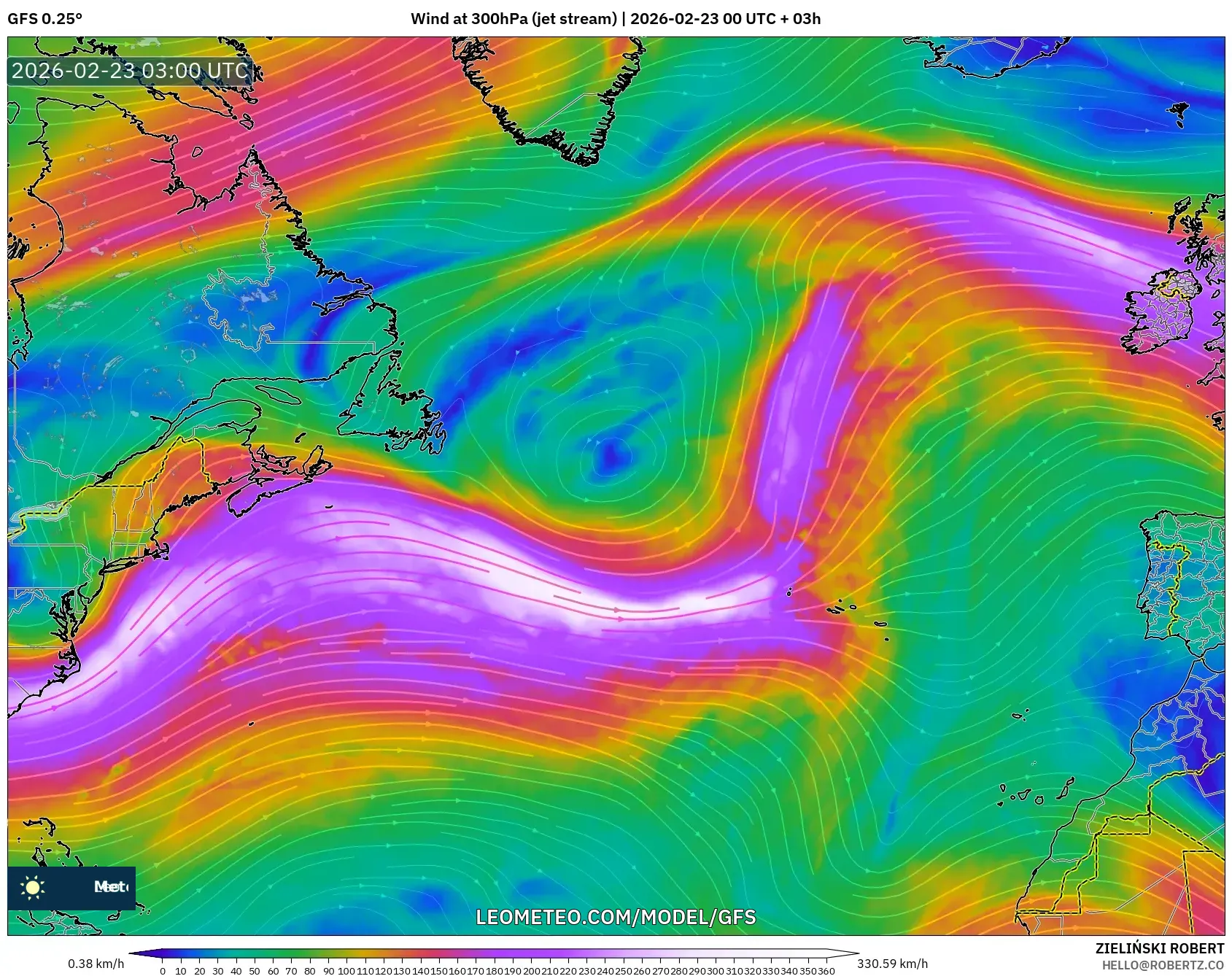 GFS model - شمال الأطلسي, رياح 300 hPa (تيار نفاث)