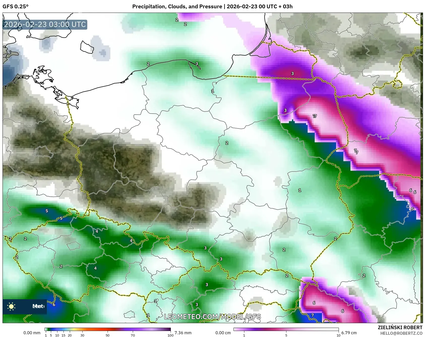 GFS model - بولندا, الهطول والغيوم والضغط