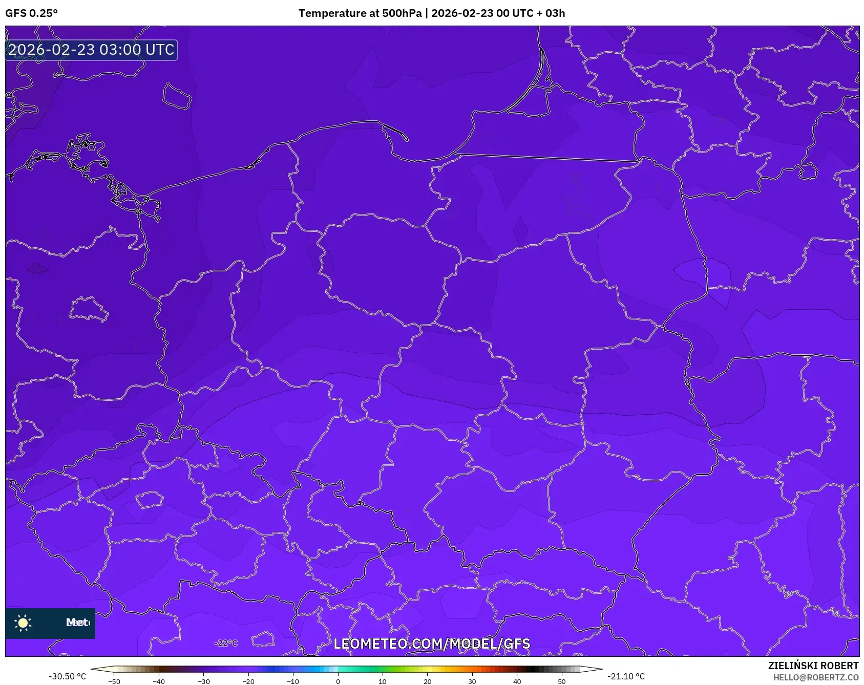 GFS model - بولندا, درجة الحرارة 500 hPa