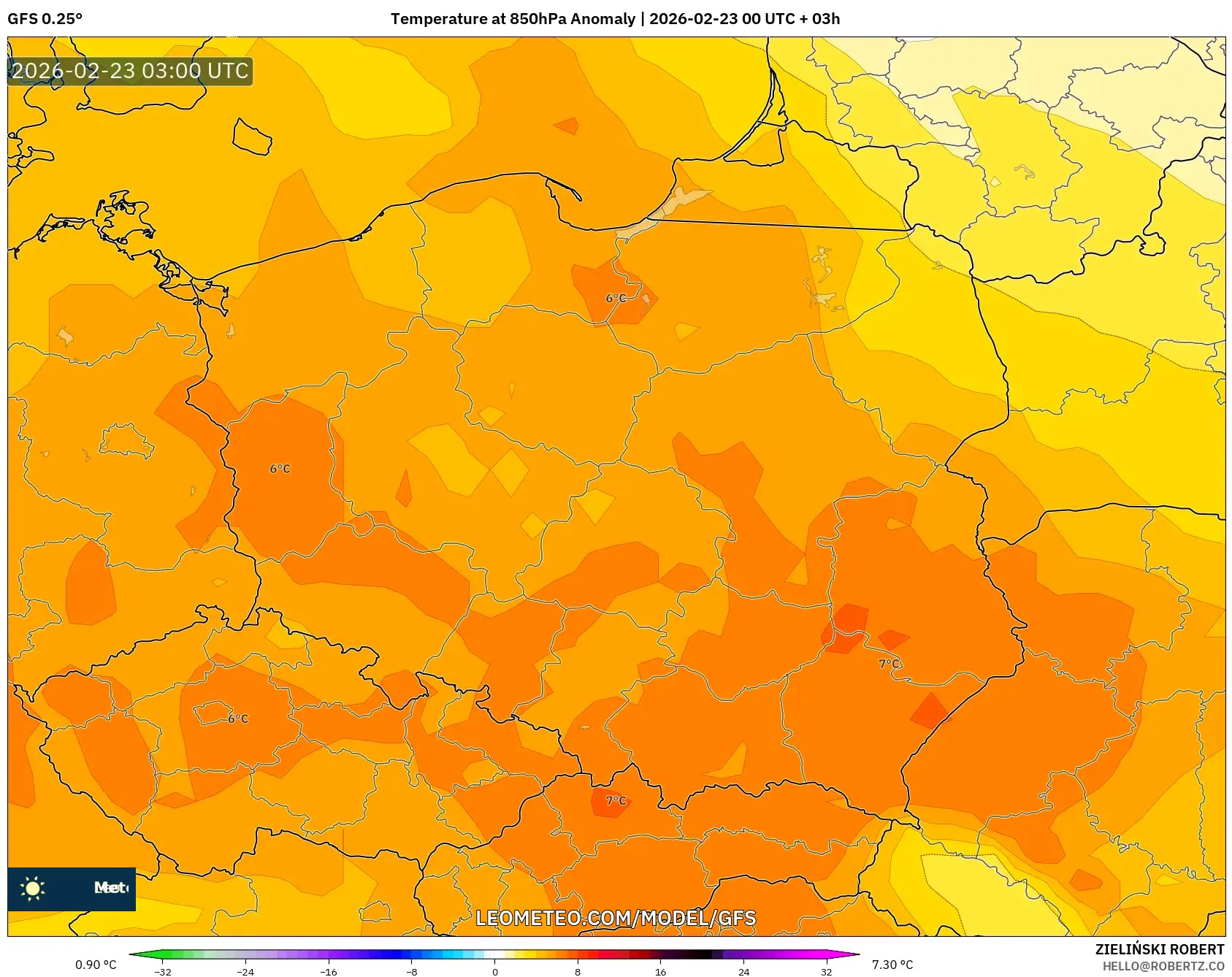 GFS model - بولندا, انحراف درجة الحرارة 850 hPa