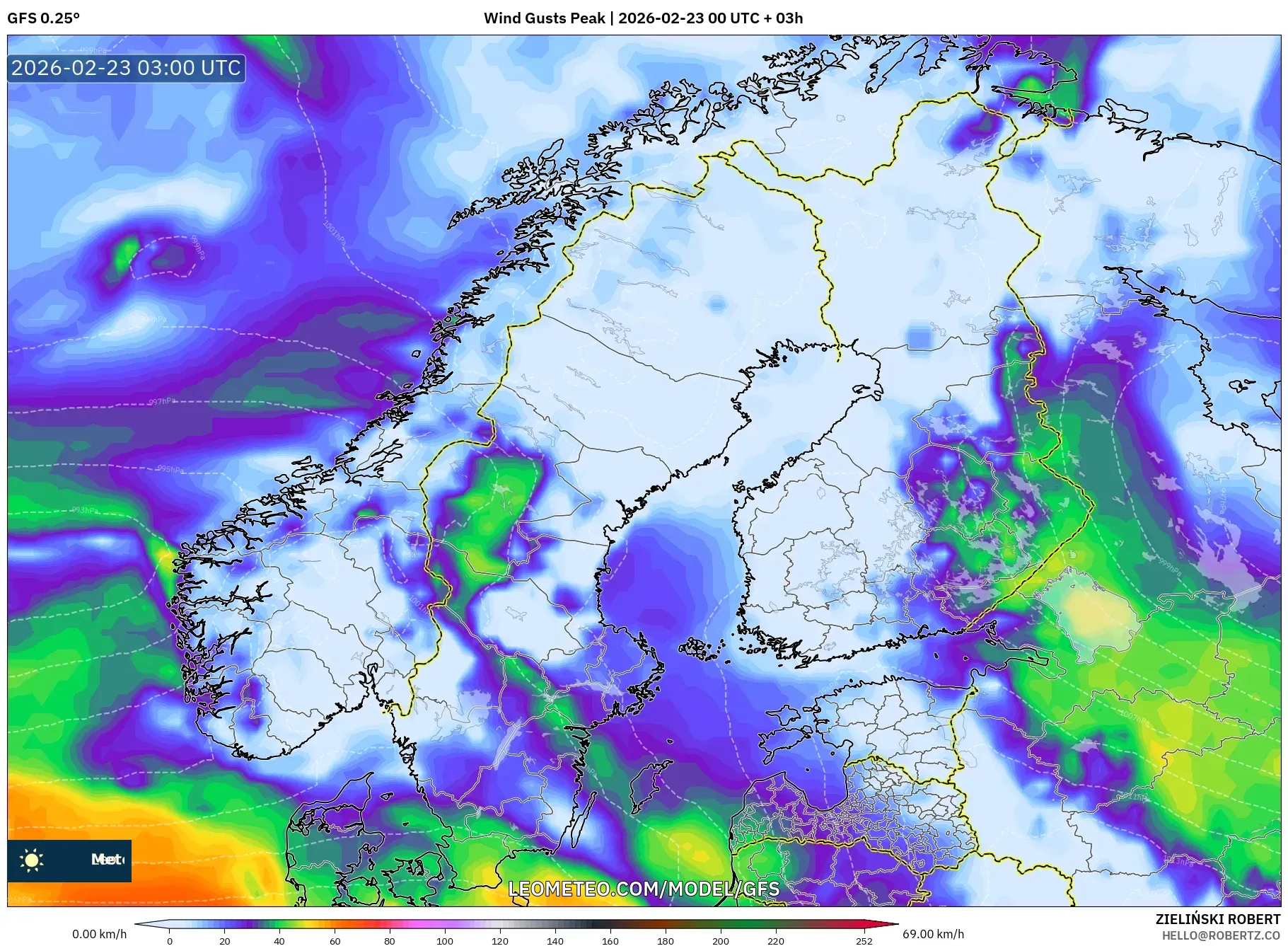 GFS model - إسكندنافيا, أقصى هبة
