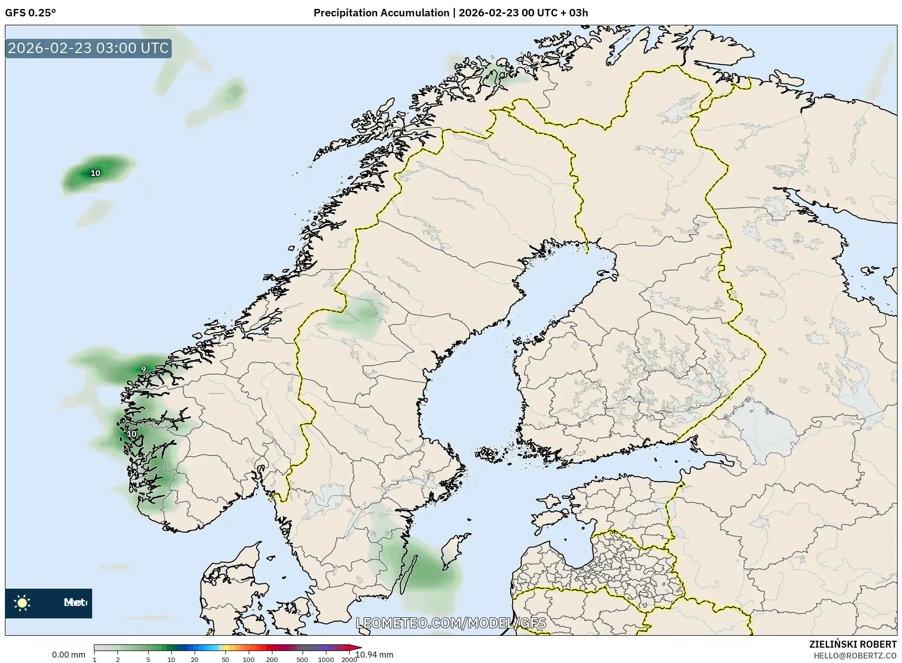 GFS model - إسكندنافيا, تراكم الهطول