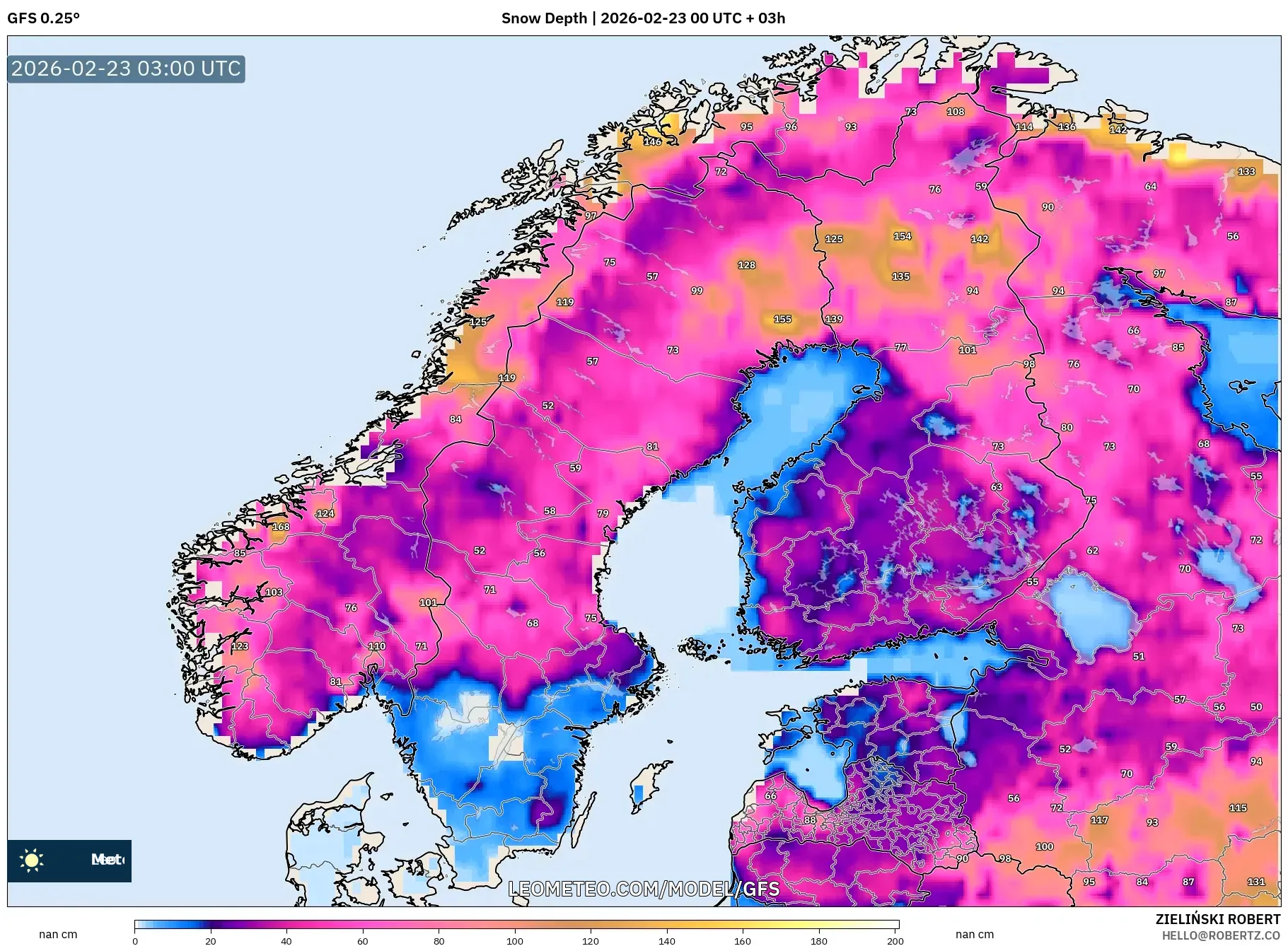 GFS model - إسكندنافيا, عمق الثلج