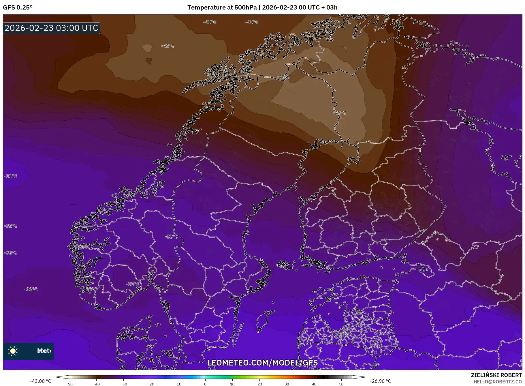 GFS model - إسكندنافيا, درجة الحرارة 500 hPa