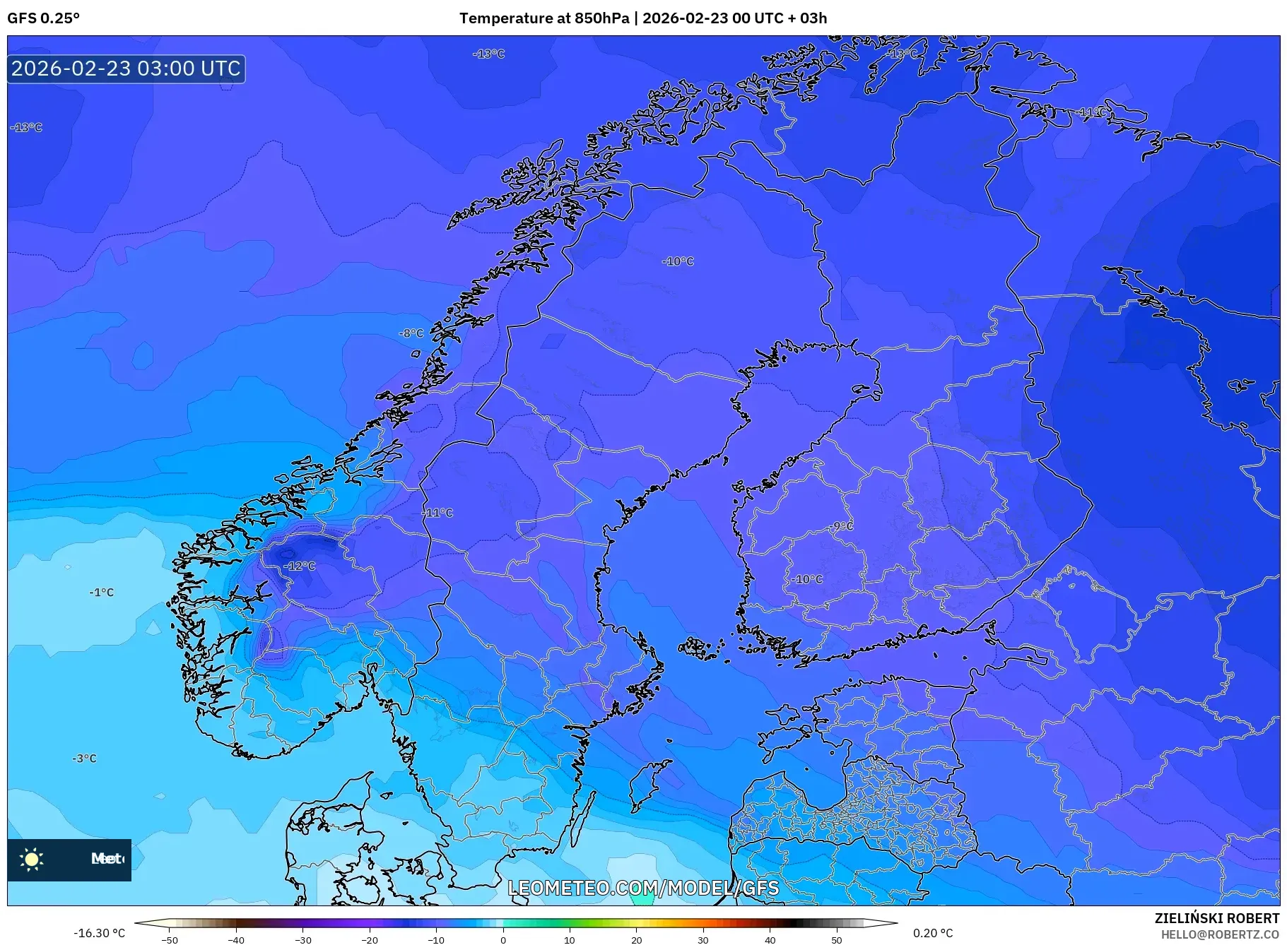 GFS model - إسكندنافيا, درجة الحرارة 850 hPa