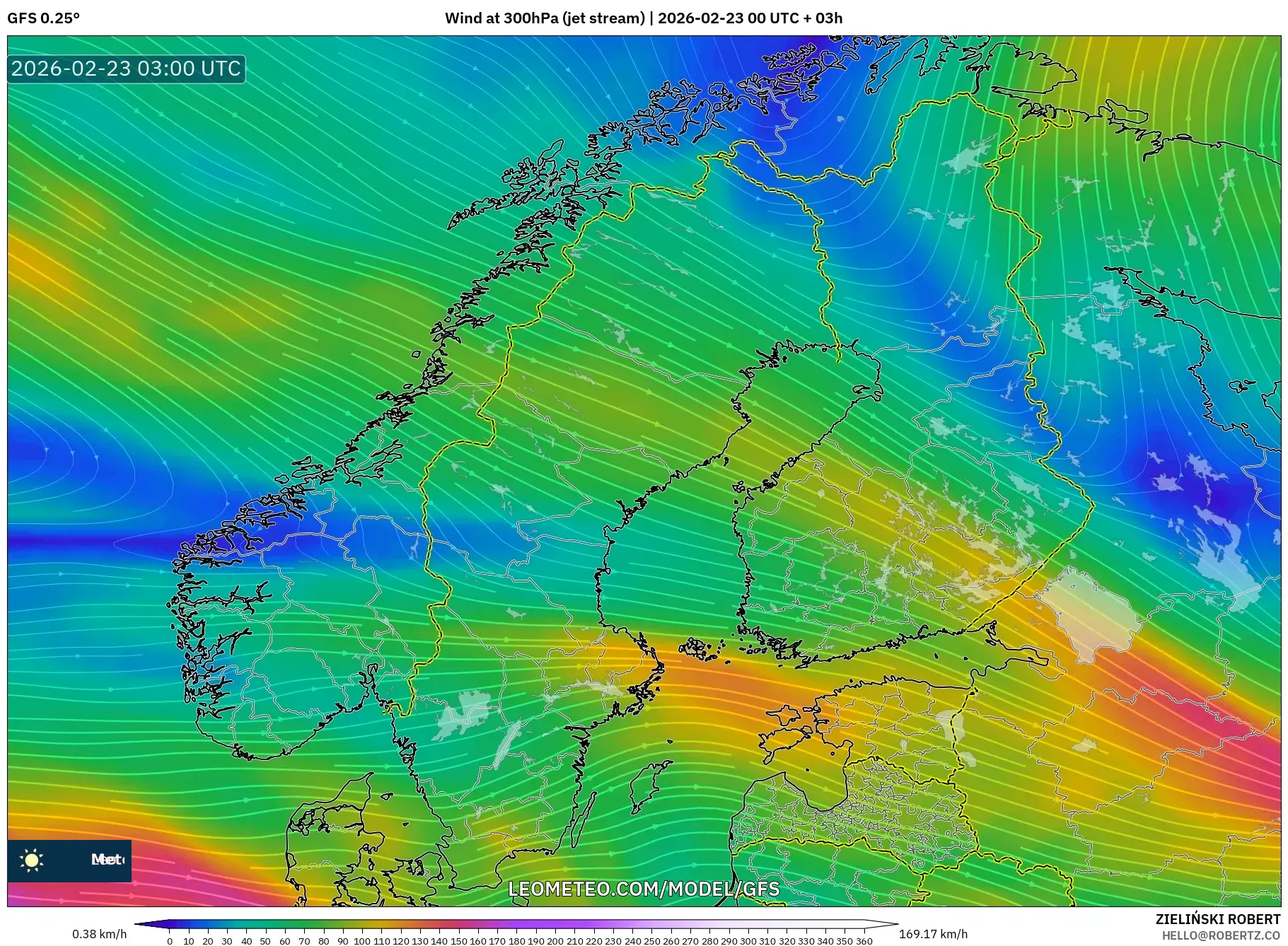 GFS model - إسكندنافيا, رياح 300 hPa (تيار نفاث)