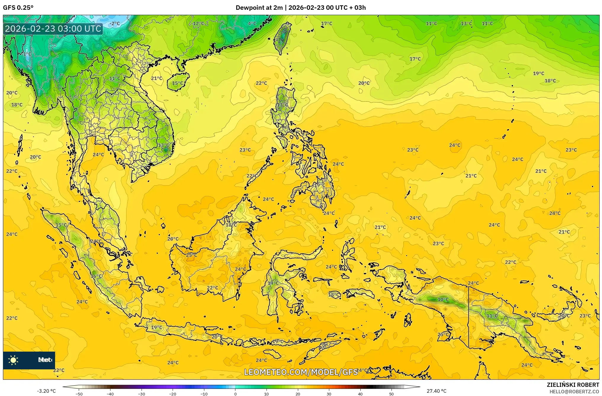 GFS model - جنوب شرق آسيا, نقطة الندى 2 م