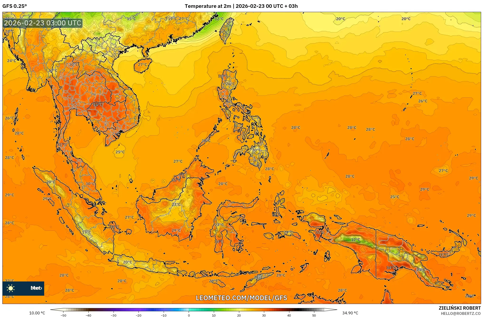 GFS model - جنوب شرق آسيا, درجة الحرارة على ارتفاع 2 م