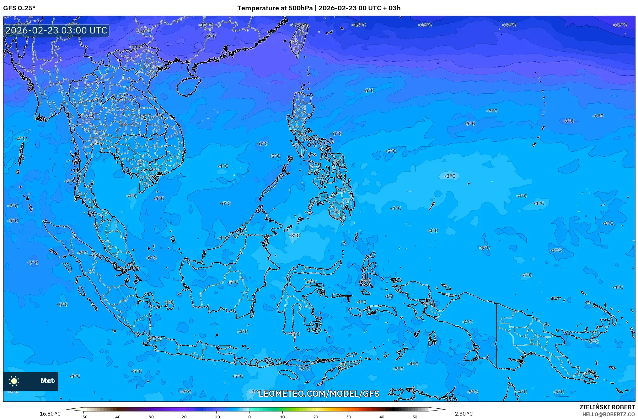 GFS model - جنوب شرق آسيا, درجة الحرارة 500 hPa
