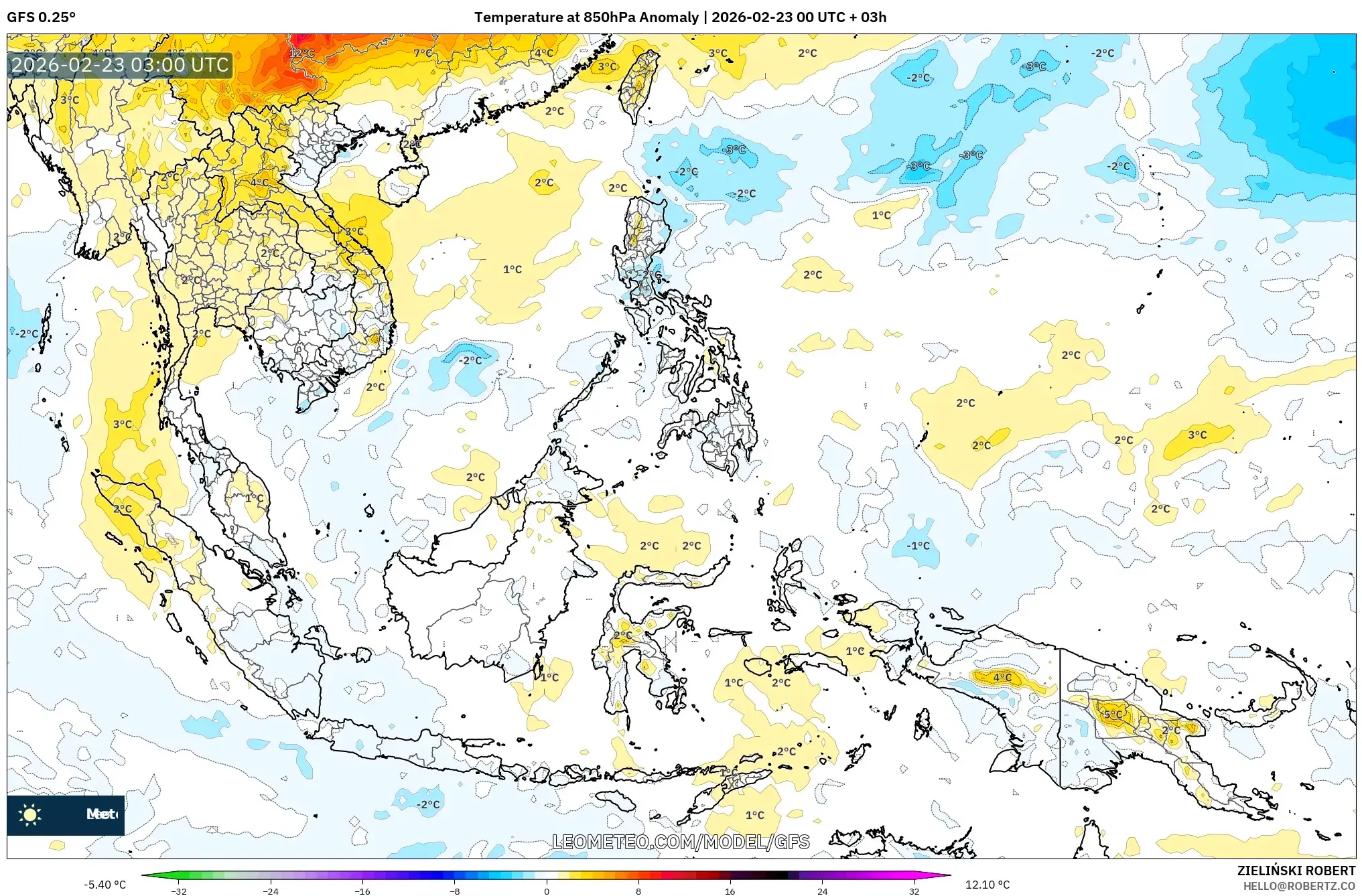 GFS model - جنوب شرق آسيا, انحراف درجة الحرارة 850 hPa