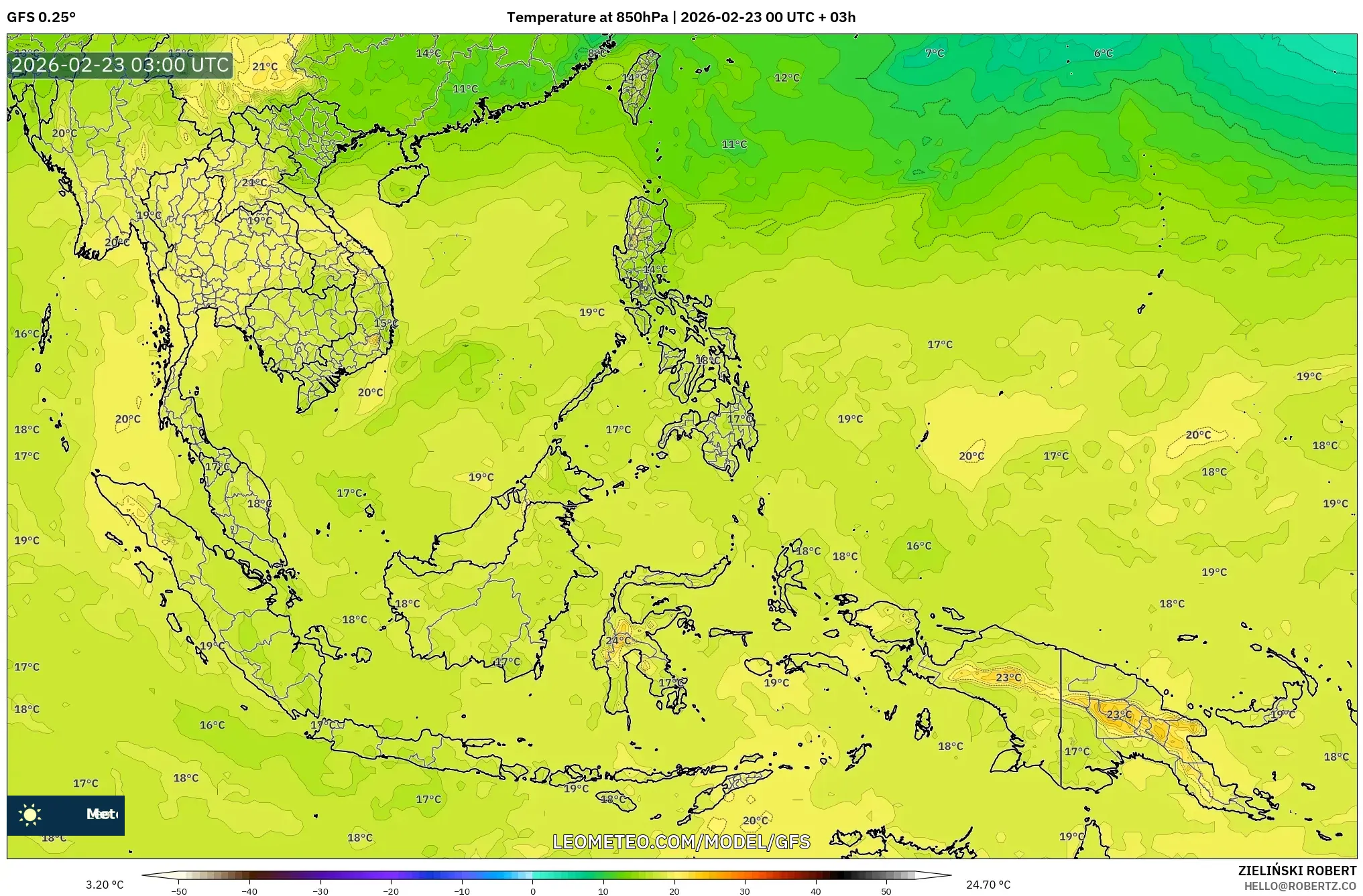 GFS model - جنوب شرق آسيا, درجة الحرارة 850 hPa