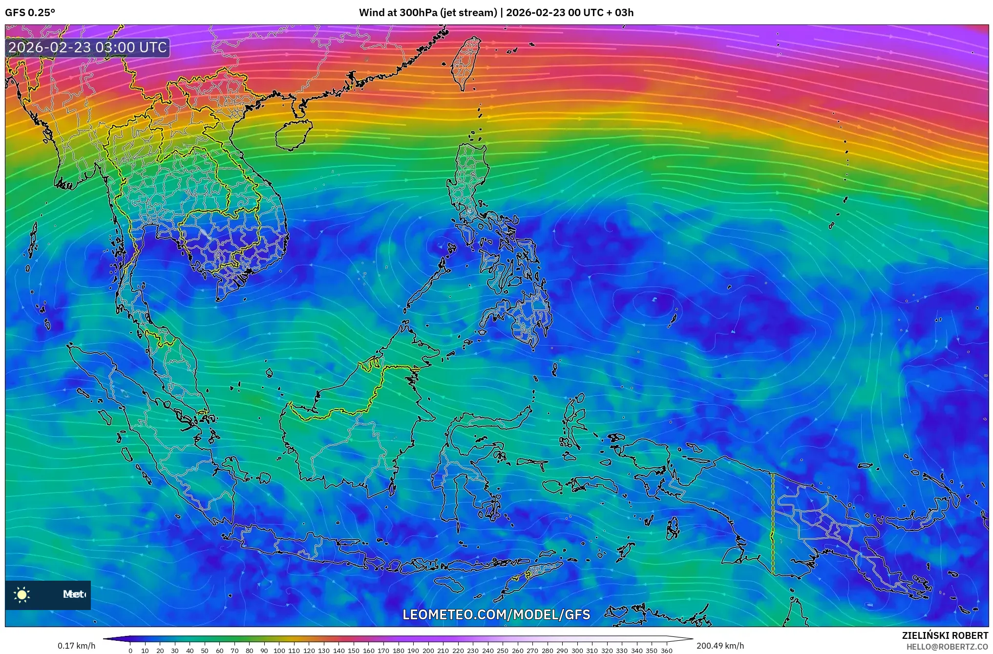 GFS model - جنوب شرق آسيا, رياح 300 hPa (تيار نفاث)