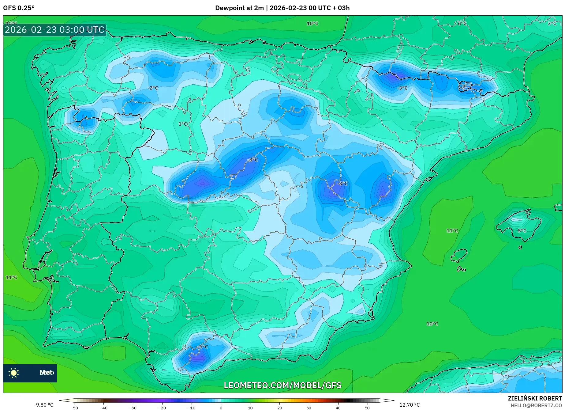 GFS model - إسبانيا, نقطة الندى 2 م
