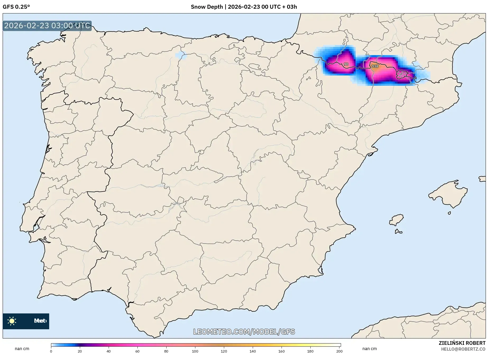 GFS model - إسبانيا, عمق الثلج